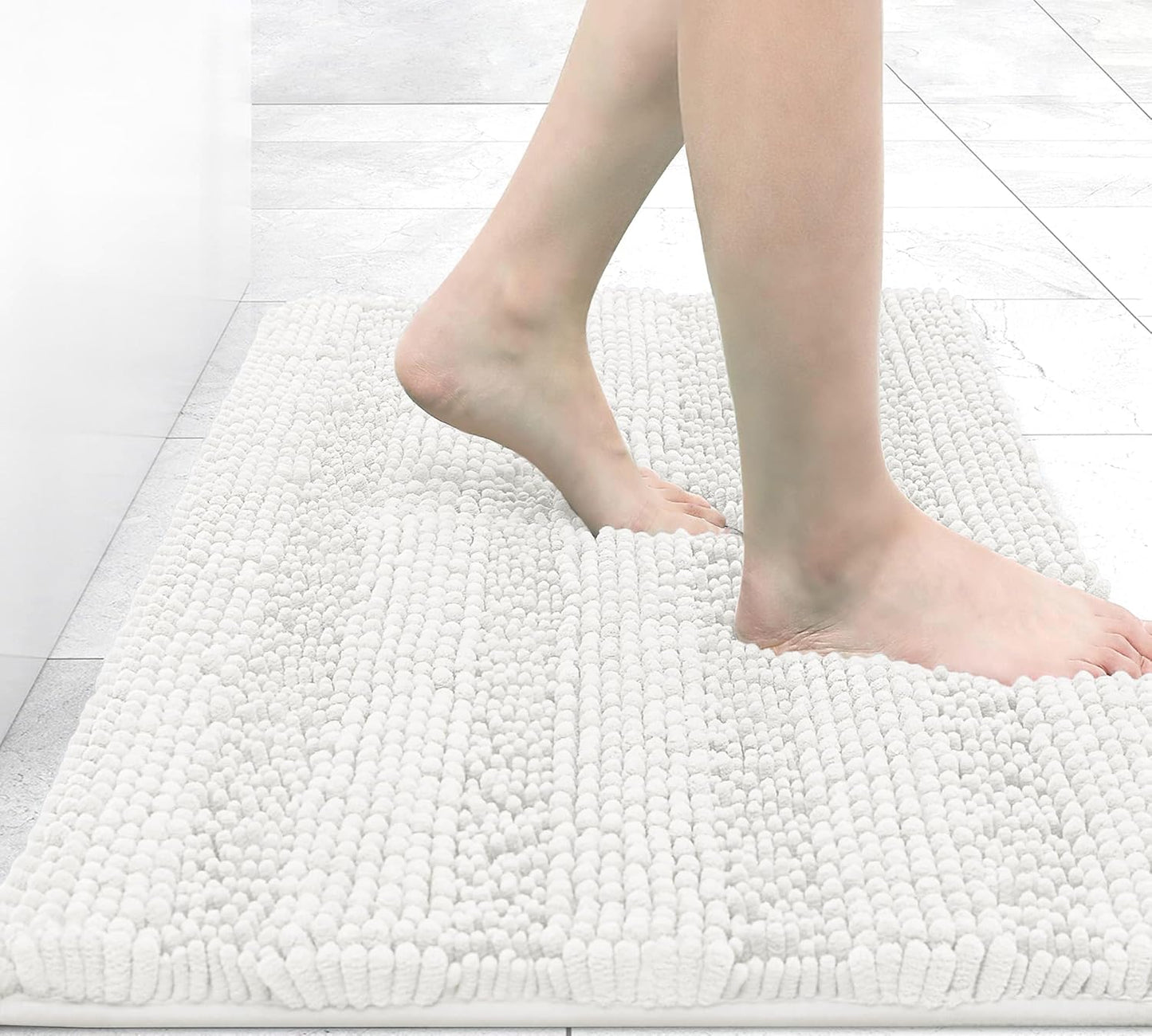 Grandaily Chenille Striped Bathroom Rugs 30x20, Extra Thick and Absorbent Bath Mats, Non-Slip Soft Plush Shaggy Shower Carpet, Machine Wash Dry, Bath Rug for Bathroom, (Medium, Ivory)