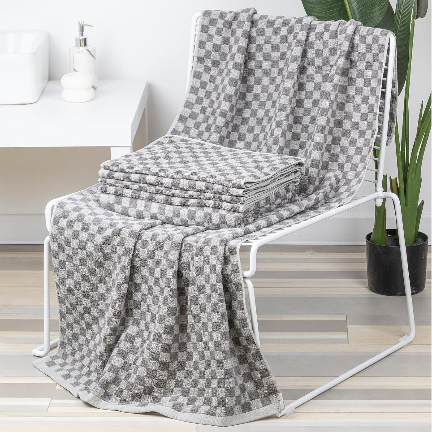 Checkered Bath Towels Set of 6 Large, 520GSM, 100% Cotton Shower Towels * 2 (55.12"*27.56"), Hand Towels * 4 (29.52"*13.77"),Towels for Bathroom、Pool、Hotel, Spa, Soft Absorbent（Grey）