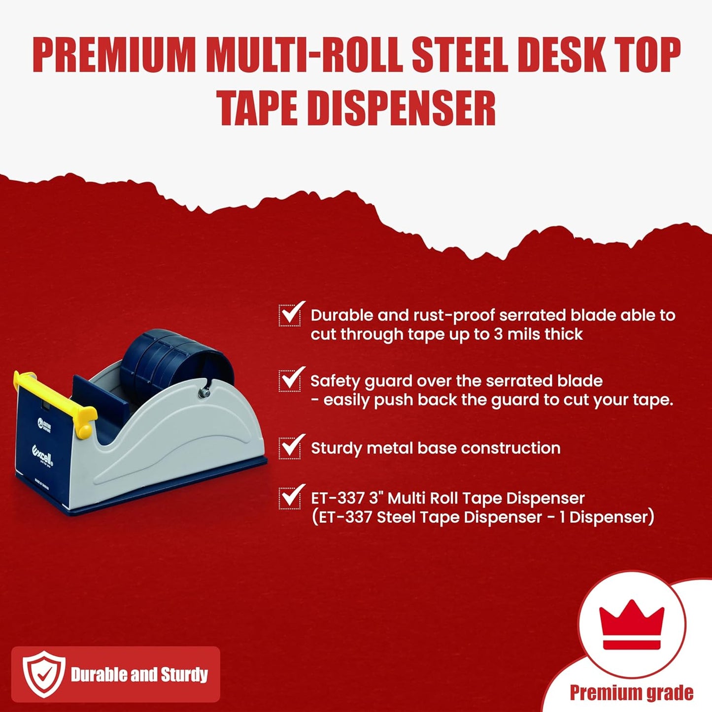 GGR Supplies ET-13370 Blue/Grey Premium Multi-Roll Steel Desk Top Tape Dispenser: 3 in. Wide (3 in. core). Manufactured by Excell
