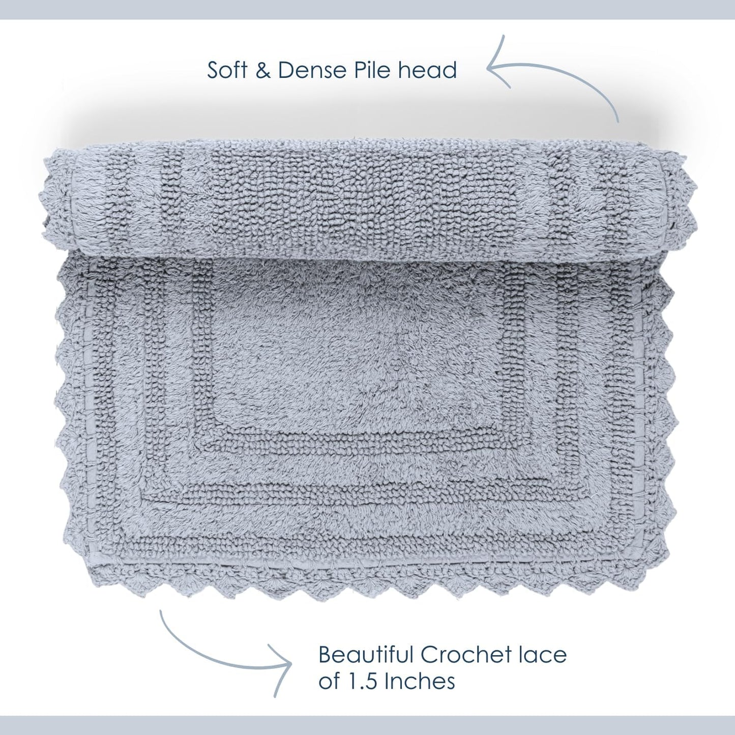 RAJRANG Light Grey Bath Mat for Bathroom Spa with Crochet Absorbent Soft Reversible Boho Bath Rug Rectangle 34x21 Inch