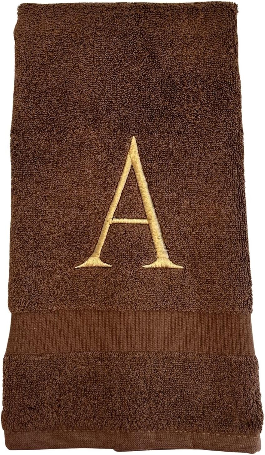 Brown Initial Hand Towel for Bathroom - Monogrammed Luxury Hotel Quality Decorative Embroidered Towel for Powder Room, Spa - GOTS Organic Certified - Set of 2 Beige Letter V