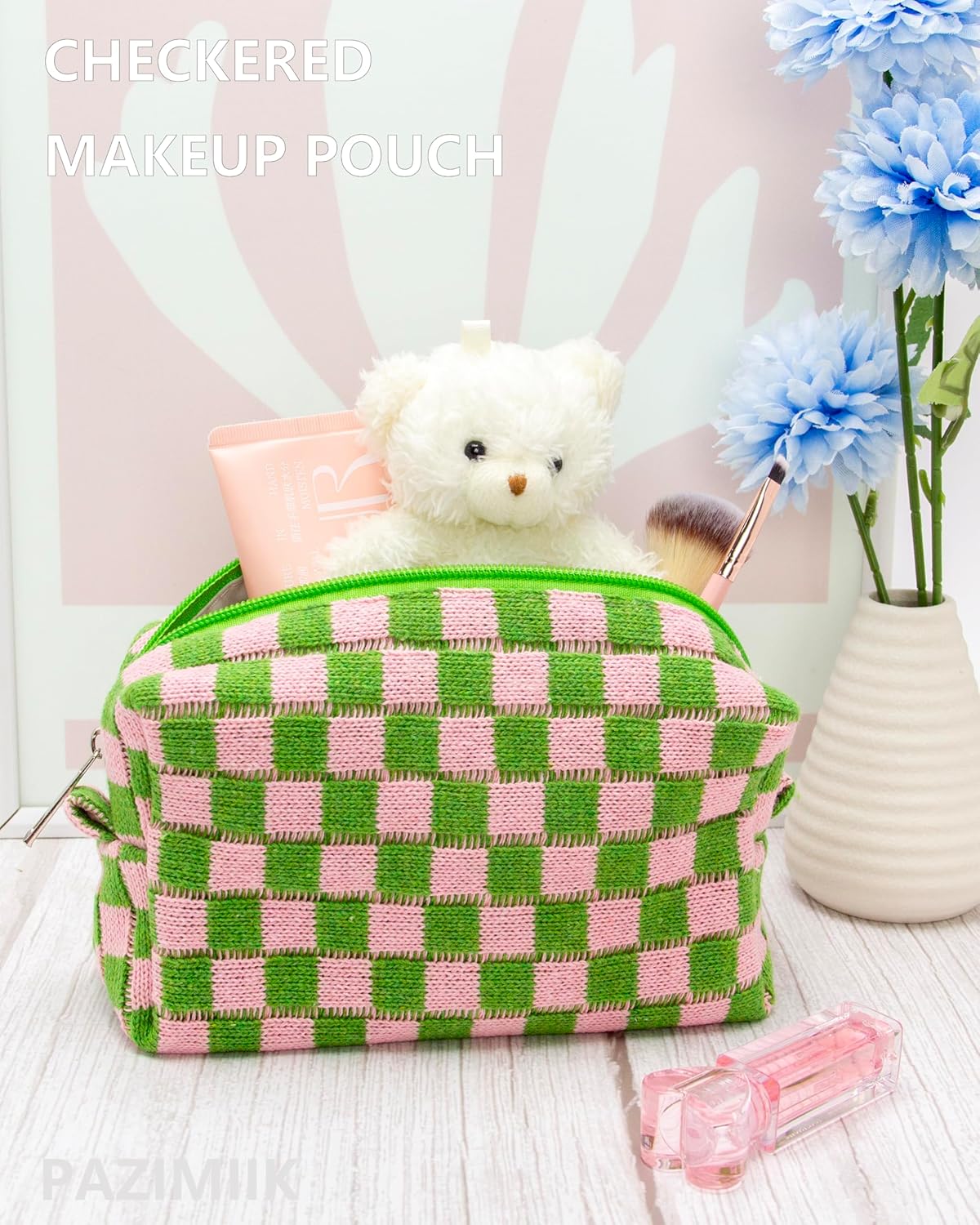 PAZIMIIK Checkered Makeup Bag for Purse Portable Zipper Make Up Pouch Small Cosmetic Case for Travel Accessories Pink Green