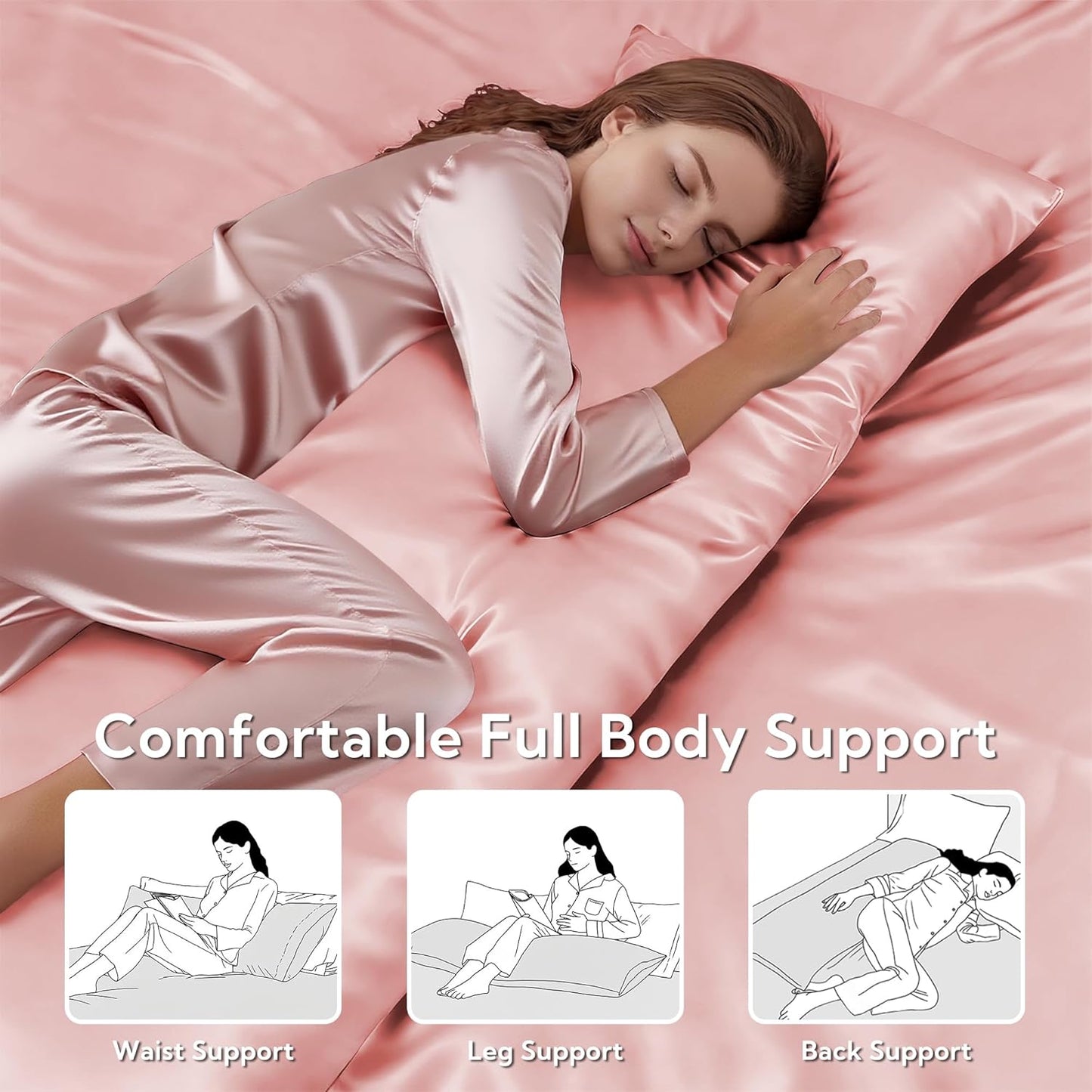 MR&HM Satin Body Pillow Cover, Soft and Breathable Body Pillow Case with Envelope Closure, Cooling and Silky Long Pillowcase for Hair and Skin,Grey (20x54, Blush)