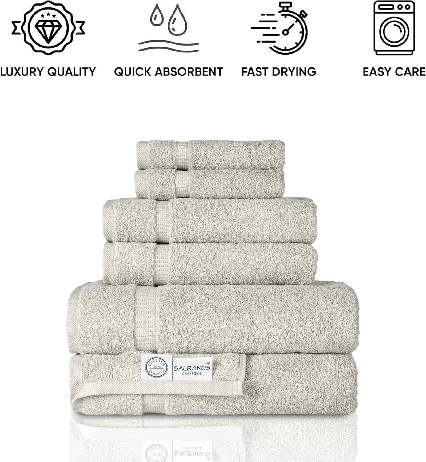 SALBAKOS 100% Turkish Cotton 6-Piece Towel Set | Heirloom Quality Hotel & Spa Collection | Soft, Super Absorbent 2 Washcloth, 2 Hand, 2 Bath Towel Sets | Made in Turkey (Stone, 6 Piece Towel Set)