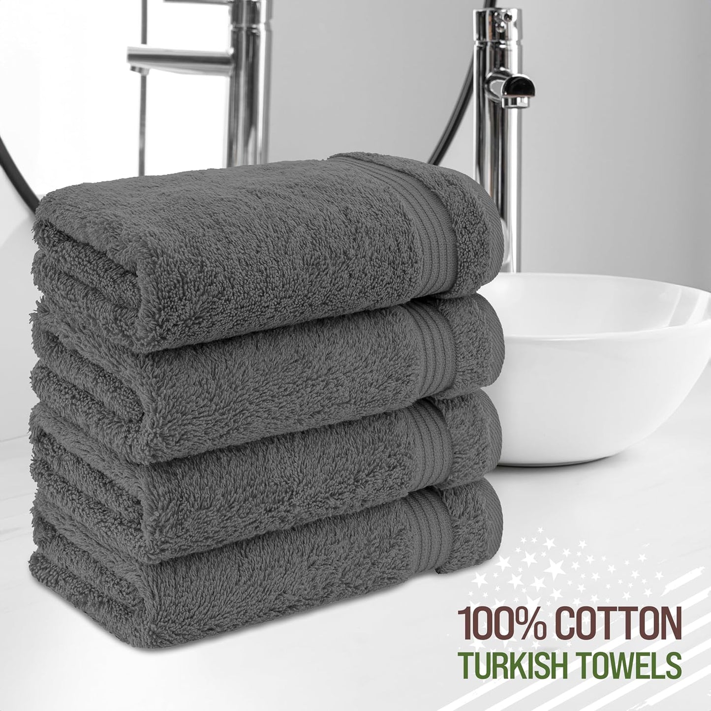 American Veteran Towel, Hand Towels for Bathroom Set of 4, 100% Cotton Turkish Hand Towel Sets, Soft Hand Face Towels, Dark Gray Hand Towels