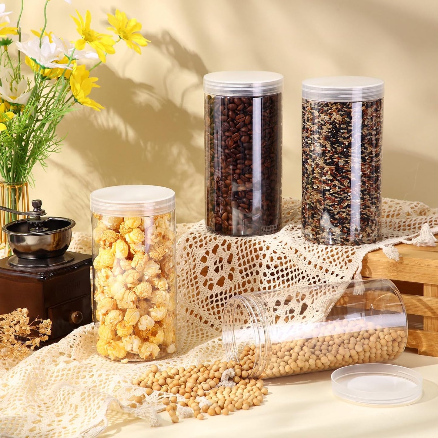 SATINIOR 12 Pack 32 oz Plastic Container Jars with Lids Round Clear Travel Cosmetic Container Slime Jars for Toiletries, Lotion, Cream, Ointments, Makeup, Rhinestone, Samples, Kitchen Storage(Clear)