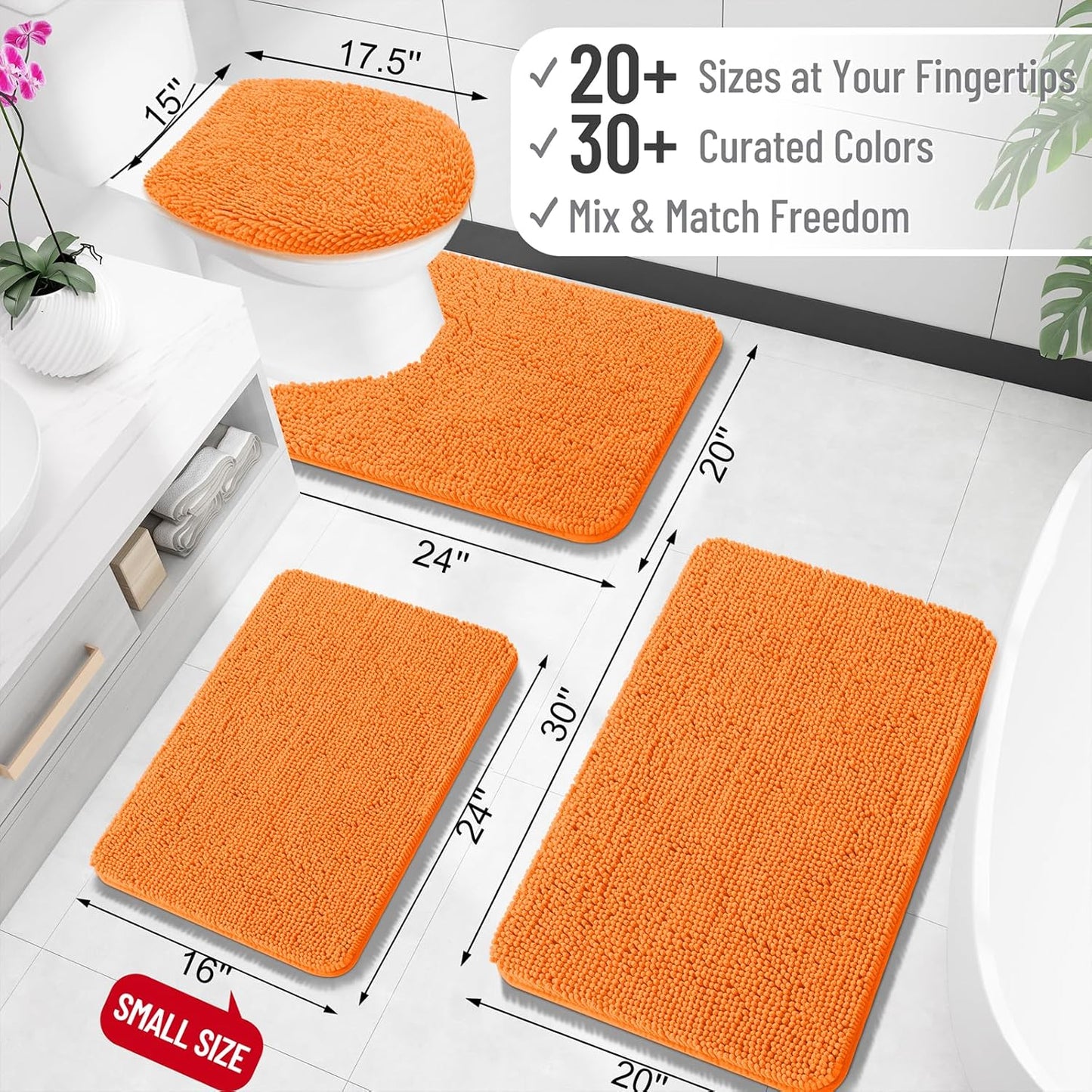 OLANLY Toilet Rugs U-Shaped 24x20, Extra Soft Absorbent Chenille Contour Bathroom Rugs for Toilet, Dry Quickly, Machine Washable, Non-Slip Bath Mat, Orange