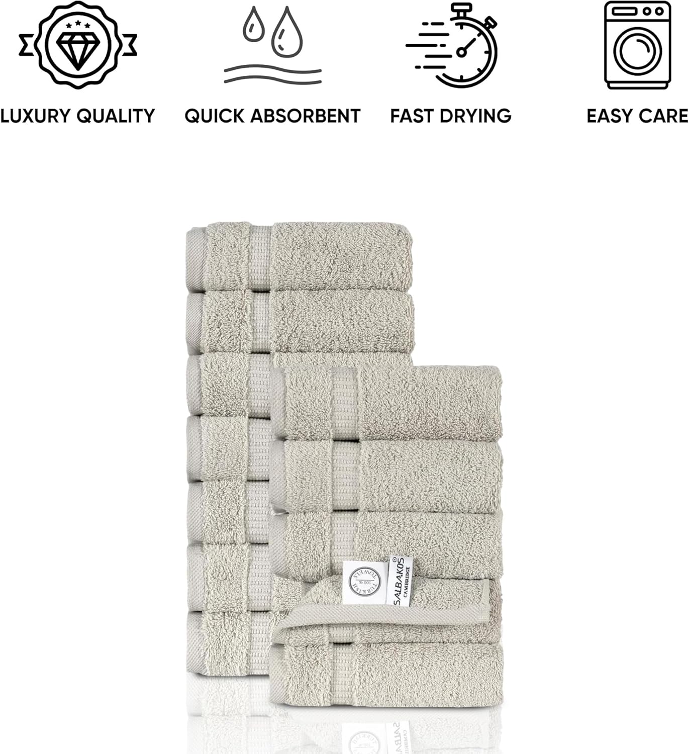 SALBAKOS 100% Turkish Cotton Washcloth Set of 12 13x13 inch | Heirloom Quality | Hotel & Spa Collection | Ultra Soft, Super Absorbent, Washcloth Towels | Made in Turkey (Stone, 12 Washcloths)