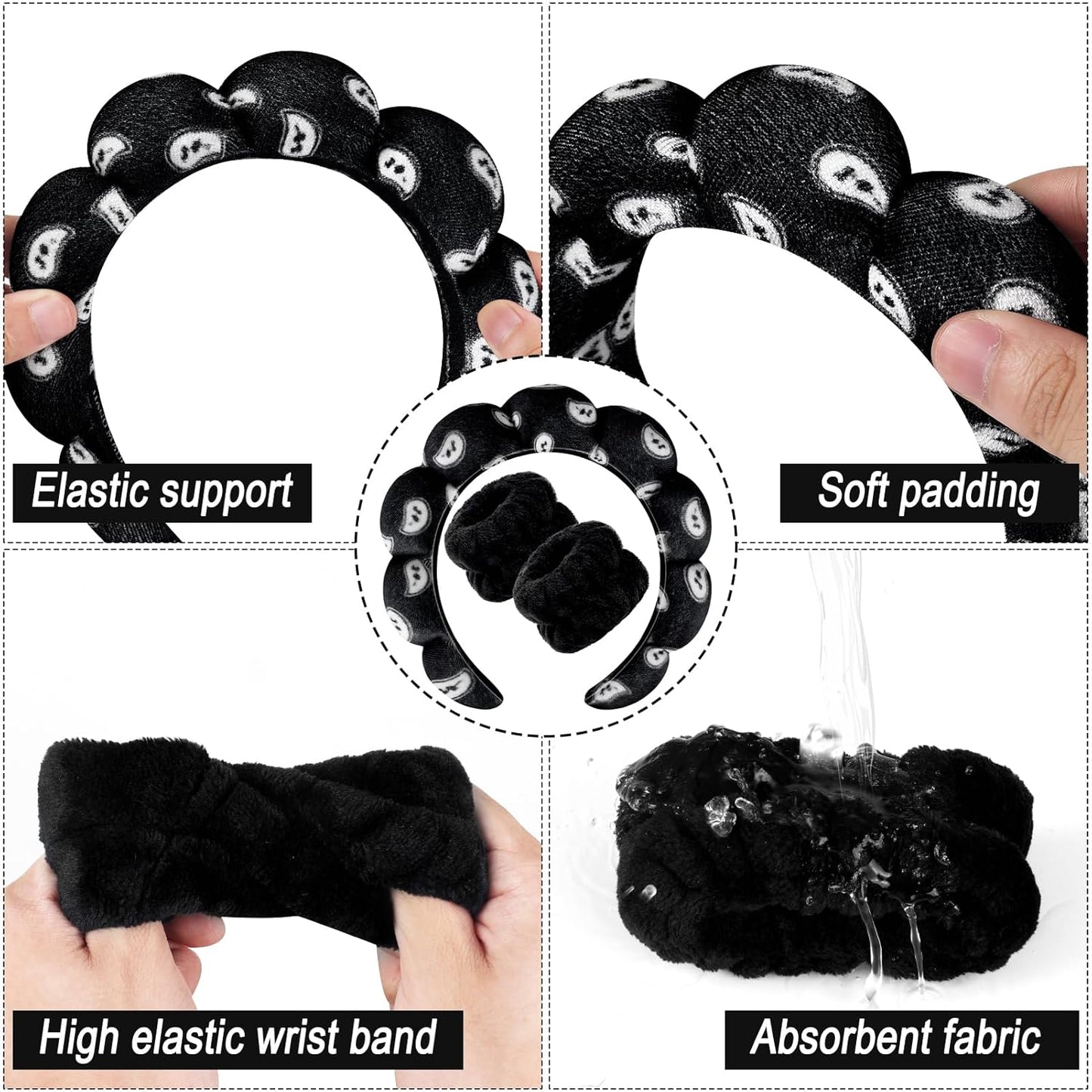 Zkptops Spa Headband for Washing Face Wristband Set Sponge Makeup SkincareVelvet Fabric Bubble Soft Get Ready Hairbands for Women Puffy Headwear Non Slip Thick Thin Hair Accessory (Black Nuts)