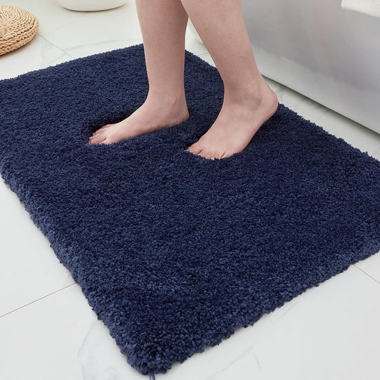 ILANGO Navy Blue Bathroom Rugs 24" × 17" Small Non Slip & Super Absorbent Extra Thick Soft, Washable Bath Mat for Floor, Microfiber Plush Shaggy Bath Rug with Rubber for Bathtub Shower Room Sink