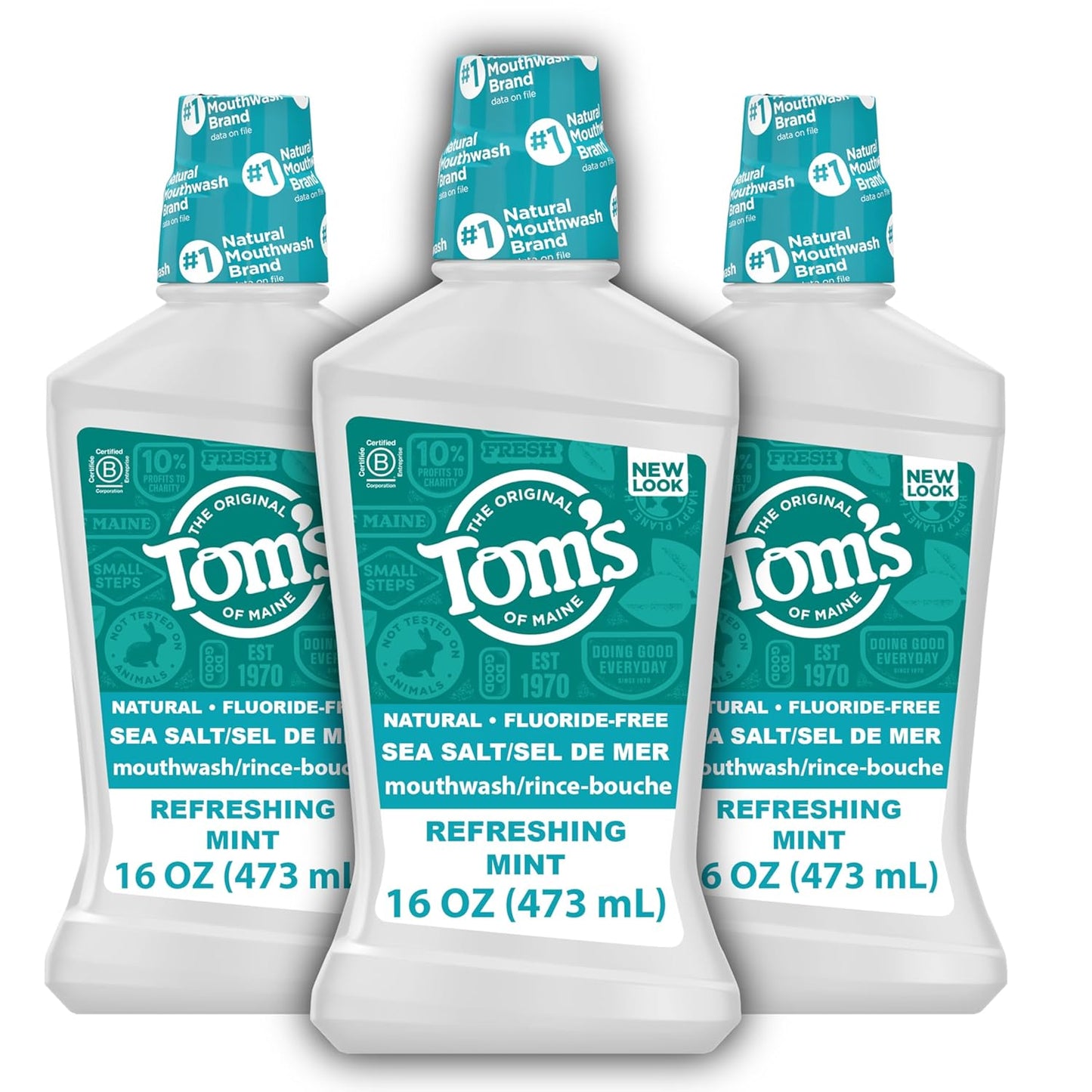 Tom's of Maine Sea Salt Natural Alcohol-Free Mouthwash, Refreshing Mint, 16 Fl Oz (Pack of 3)