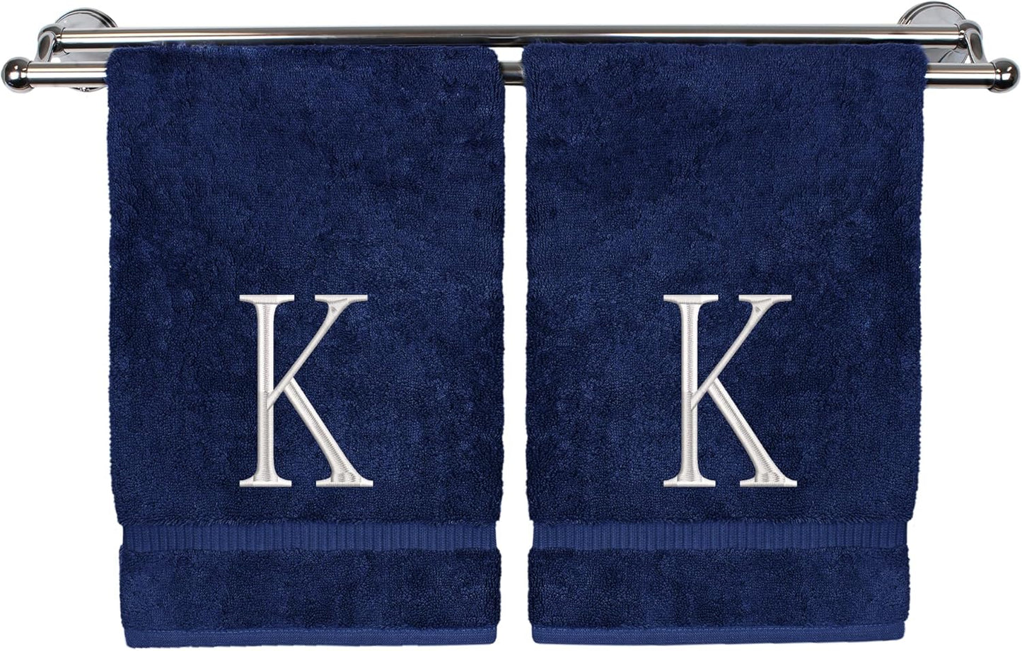 Monogrammed Hand Towel, Personalized Initial Gift, Extra Absorbent 100% Turkish Cotton - Soft Terry Finish - Set of 2 - White Block Initial K - Embroidered on Navy Blue Towels