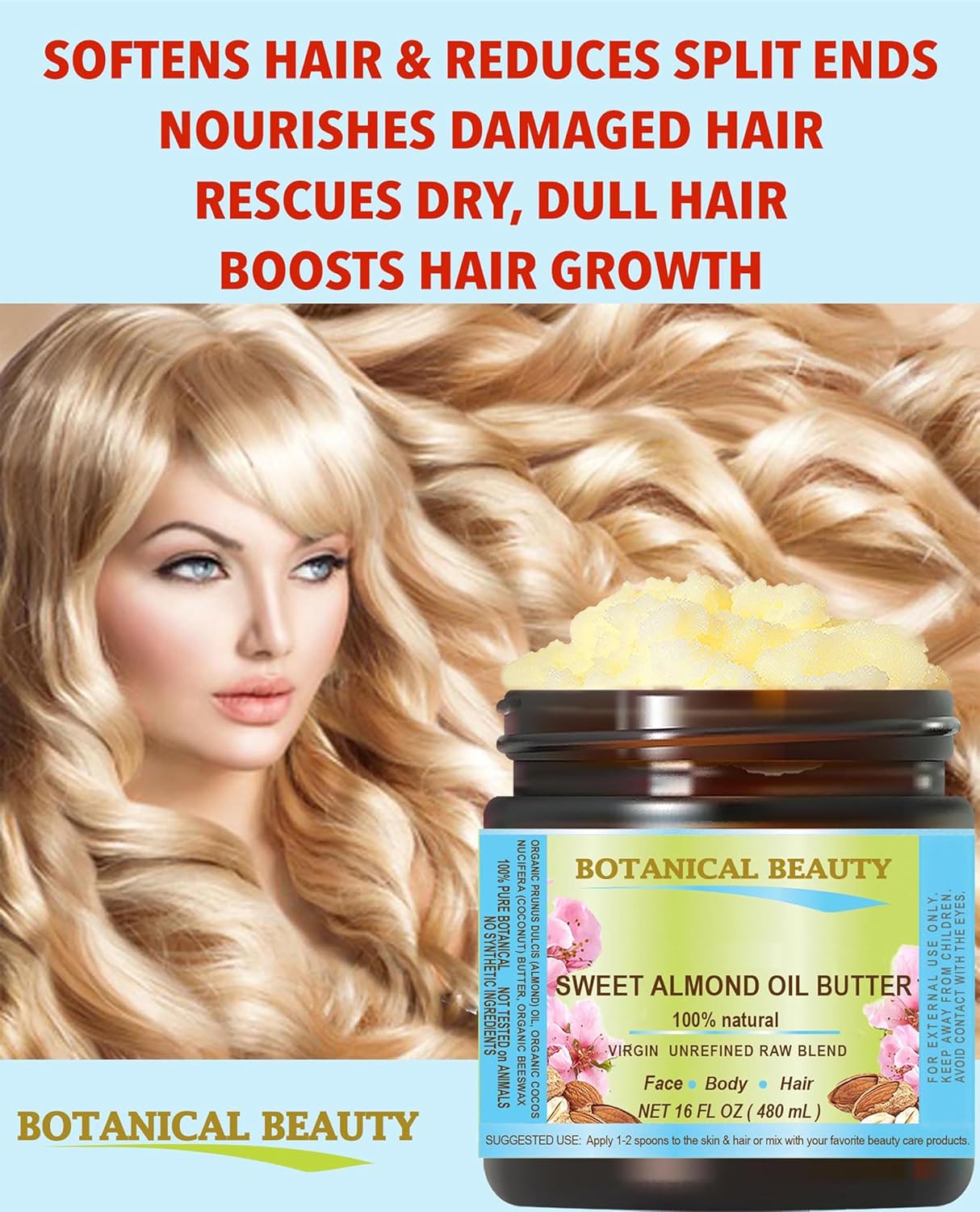 Botanical Beauty SWEET ALMOND OIL BUTTER Pure Natural Virgin Unrefined RAW for FACE, SKIN, BODY, DAMAGED HAIR, NAILS. (4 Fl Oz)