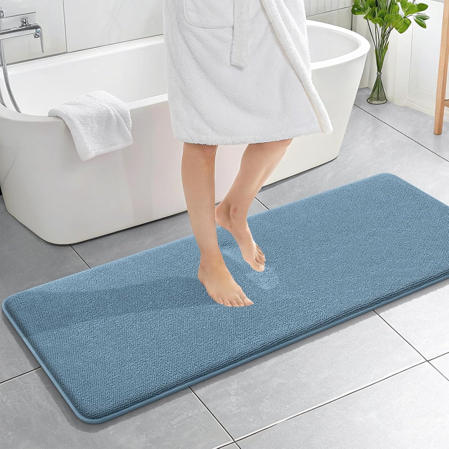 OLANLY Thick Memory Foam Bath Mat Rug 59x20, Extra Soft Absorbent Bathroom Rug, Quick Dry Bath Mats, Non-Slip, Machine Washable Carpet for Bathroom, Tub and Shower, Home Decor Accessories, Airy Blue