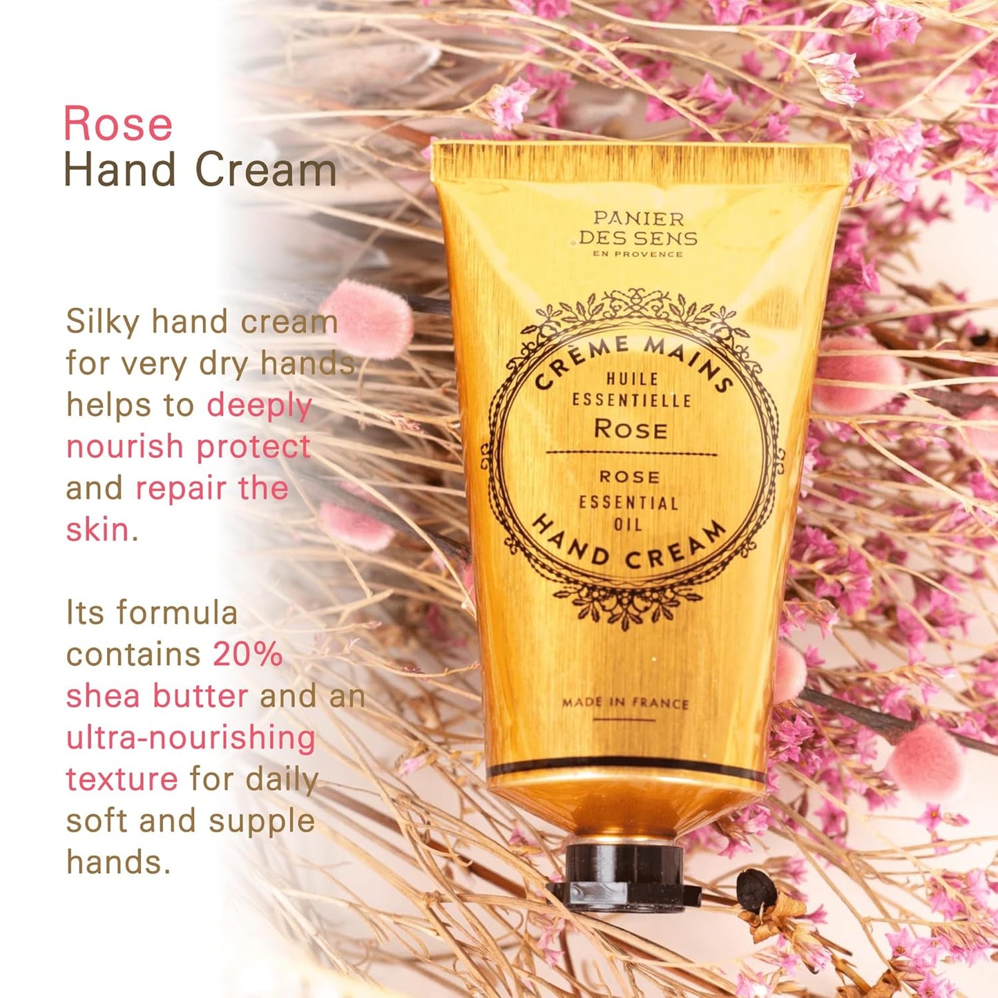 Panier des Sens - Hand Cream for Dry Hands 2.5 fl oz - Long-lasting Hydration and Delicate Rose Scent - Softens and Protects Dry Skin - 20% Shea Butter & Olive Oil - Moisturizing Hands After Washing