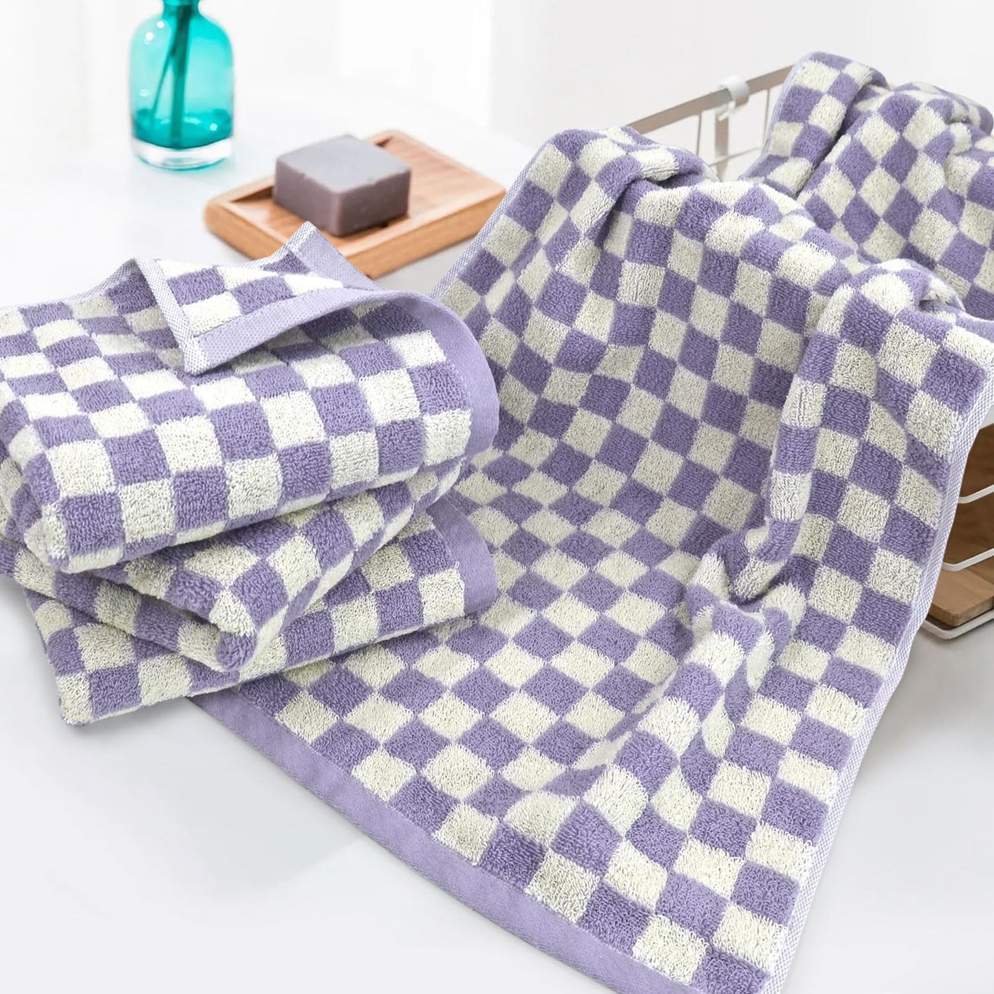 Hand Towel for Bathroom Guest Room Home - 100% Cotton Face Towel Set Lilac Checkered, Extra Soft, Absorbent 4-Piece for Daily Use