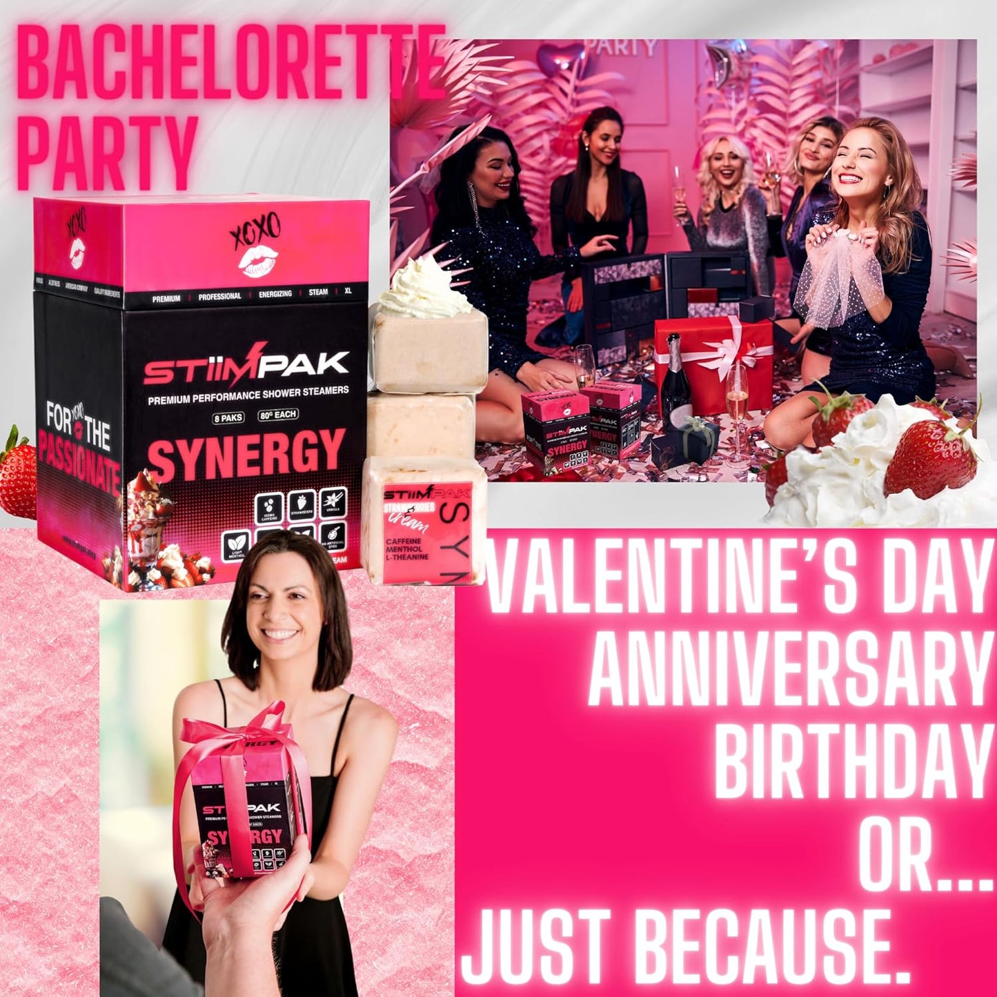 Shower Steamers | Synergy | XL 80g | Intimacy, Relaxation & Self-Love Aromatherapy | Caffeine, L-Theanine & Menthol | Gift for Women | Strawberry Vanilla | STiiMPAK (8 Pak + Loofah)