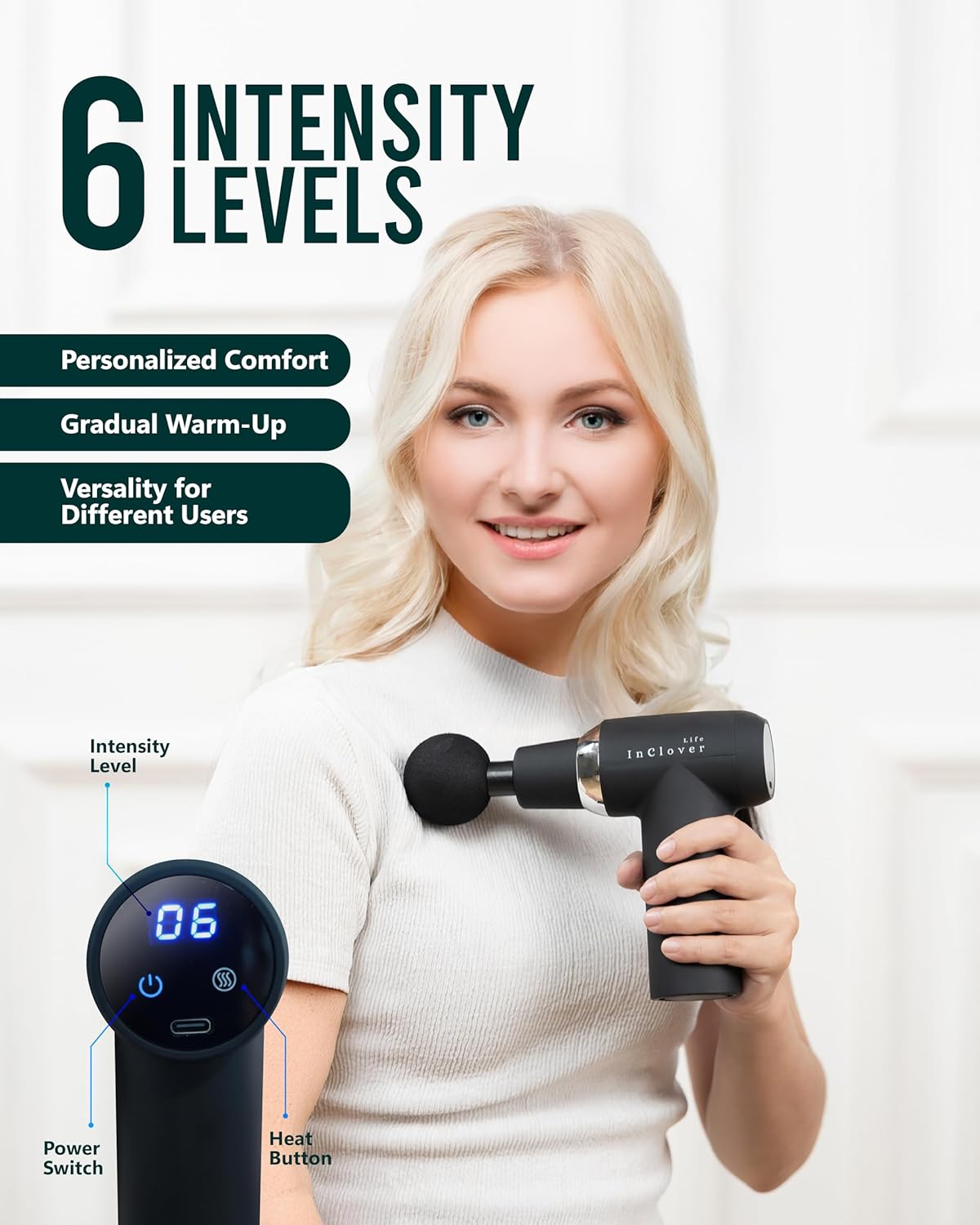 Massage Gun with Detachable Extension Handle. Deep Tissue Percussion Massager for Back, Neck, Shoulder, Leg & Arm. Portable Handheld Muscle Recovery Tool with Hot & Cold Therapy, Quiet Motor, 6 Speeds