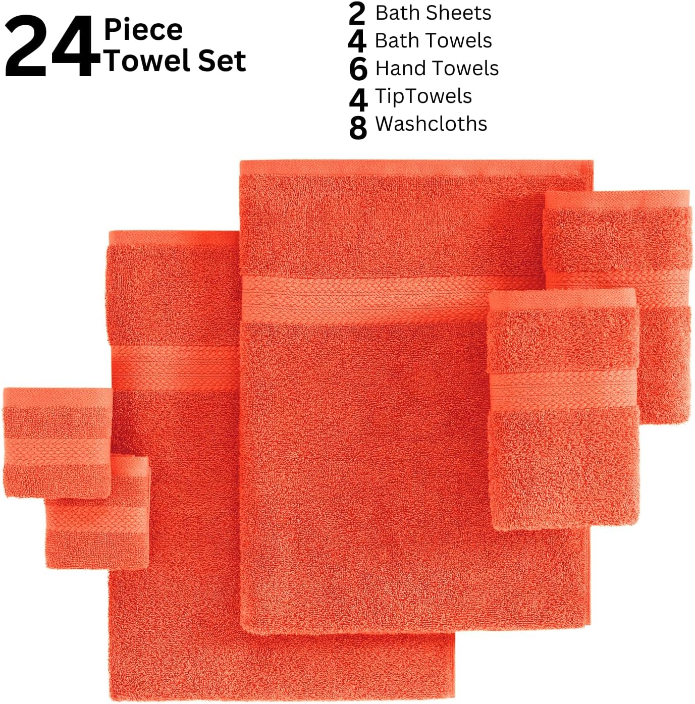 Lane Linen 100% Cotton Bathroom Towel Set - 24 Pc - Ring Spun, Quick Dry, Soft & Absorbent - 2 Bath Sheets, 4 Fingertip, 4 Bath, 6 Hand Towels, 8 Washcloths - Machine Wash in Cold Water - Living Coral