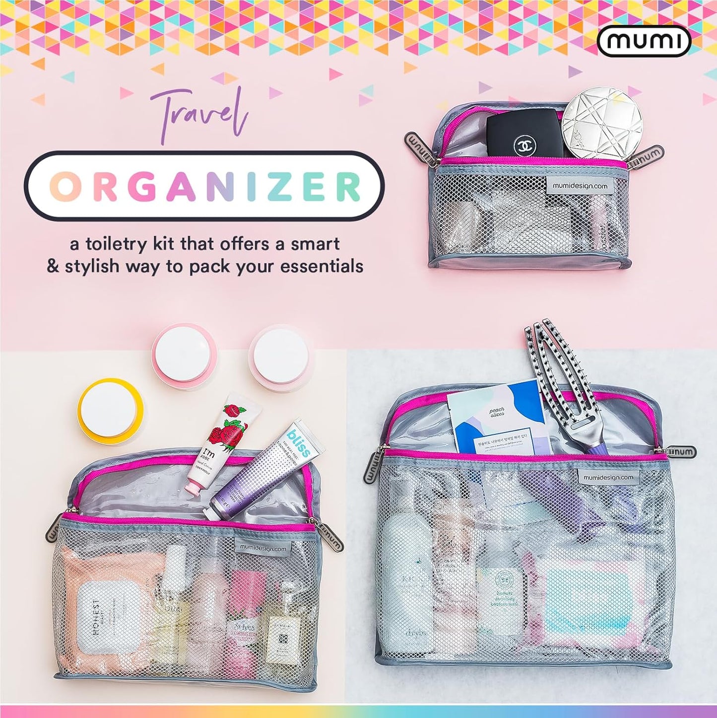 MUMI Travel Toiletry Bag Set of 3 – Clear TSA Approved Toiletry Bags for Women – Reusable Water-Resistant Makeup Organizer Pouches for Skincare, Cosmetics, Travel Accessories, Airport Packing - Purple