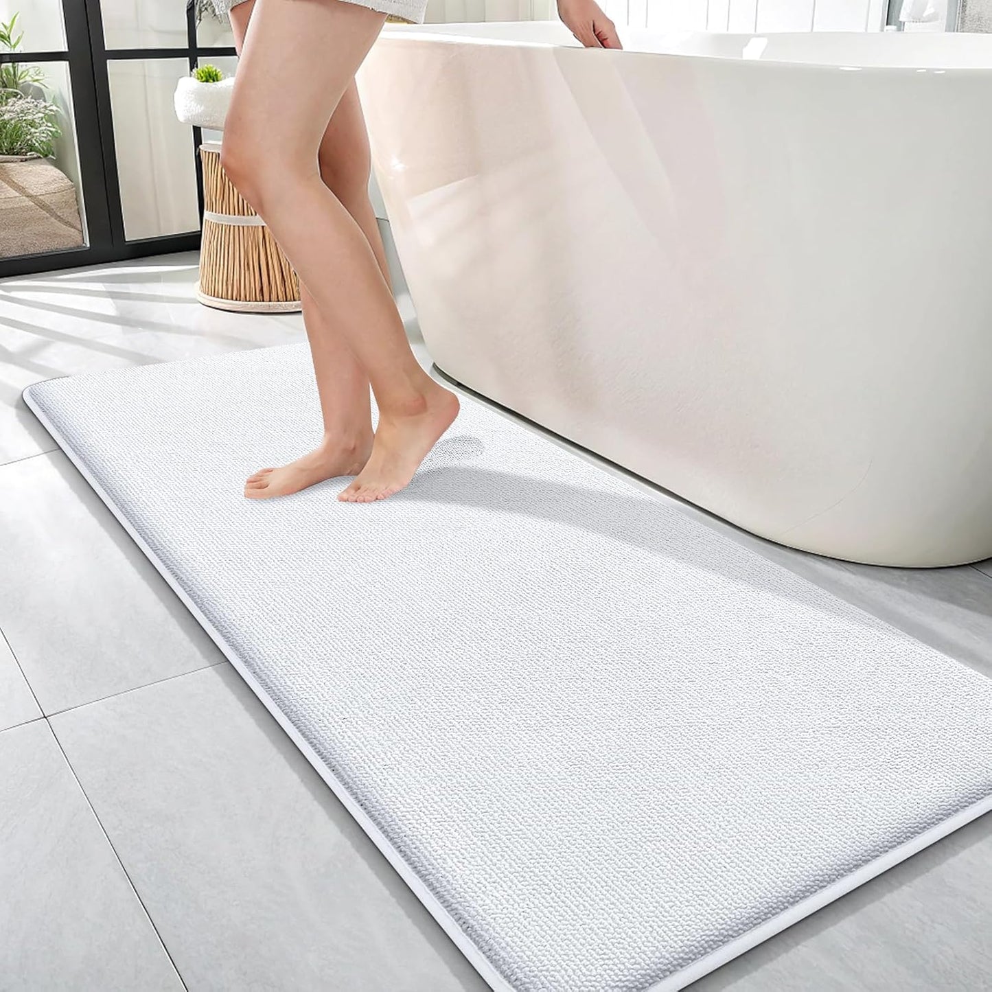 OLANLY Thick Memory Foam Bath Mat Rug 47x17, Extra Soft Absorbent Bathroom Rug, Quick Dry Bath Mats, Non-Slip, Machine Washable Carpet for Bathroom, Tub and Shower, Home Decor Accessories, White