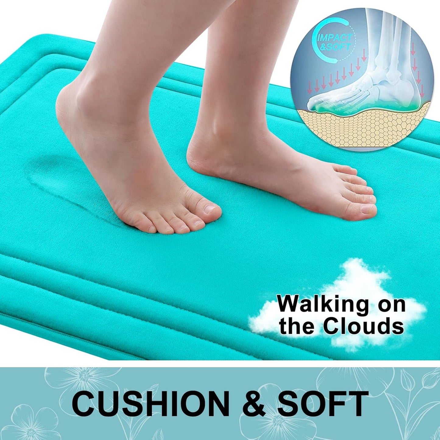 Grandaily Memory Foam Bath Mat Rug 36x24, Ultra Soft, Non-Slip and Absorbent Bathroom Rugs, Machine Wash Dry, Comfortable Bath Carpet for Bathroom Floor, Tub and Shower, Teal