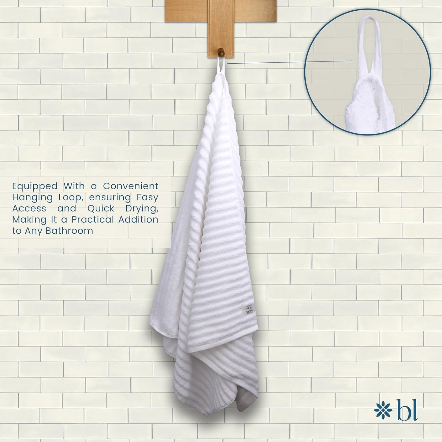 Blue Loom Ribbed Hand 2 Towels Set, 100% Cotton 600GSM, Soft Absorbent Durable Quick Drying for Bathroom - Mason 2 Piece 18" x 30" - White