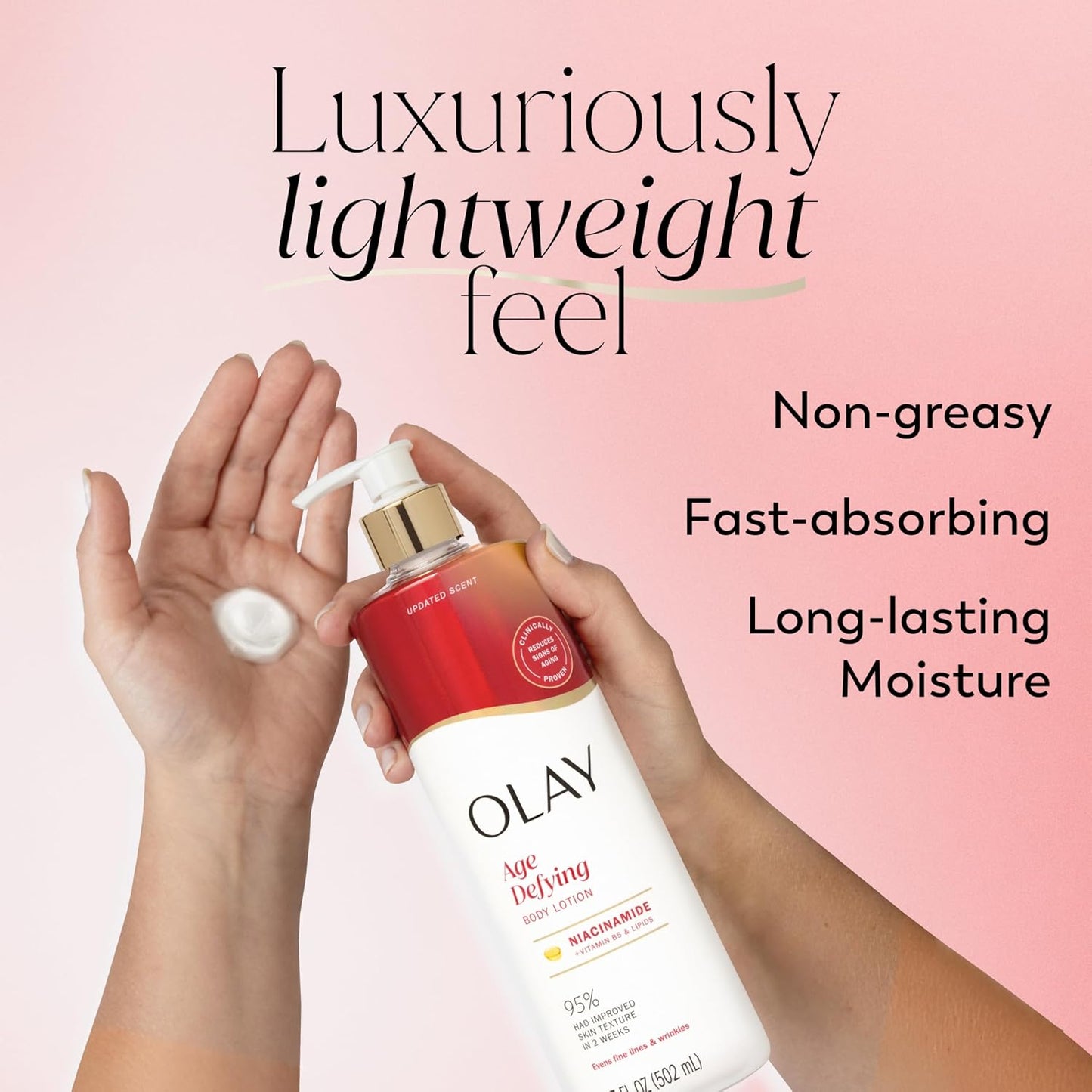 Olay Body Lotion for Women, Age Defying with Niacinamide Serum, Visibly Reduce Signs of Skin Aging, 24hr Moisture & Hydration, Fast Absorbing Formula, Vitamin B3 Complex, For All Skin Types, 17 fl oz