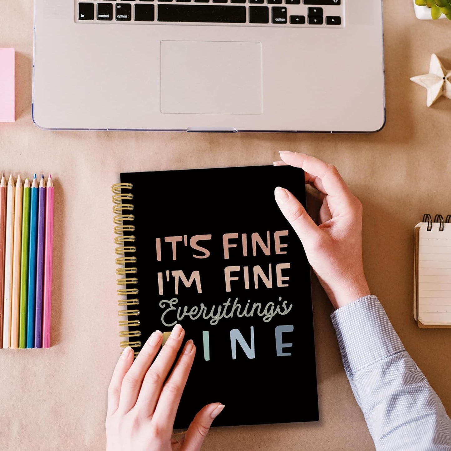 XPH Funny Black Spiral Notebook, It's Fine I'm Everything Is Fine Journaling Notebooks for Women Men, Humorous Hardcover Journals for Office 160 Pages 5.5 x 8.3 Inch, Sarcastic Gifts for Coworkers