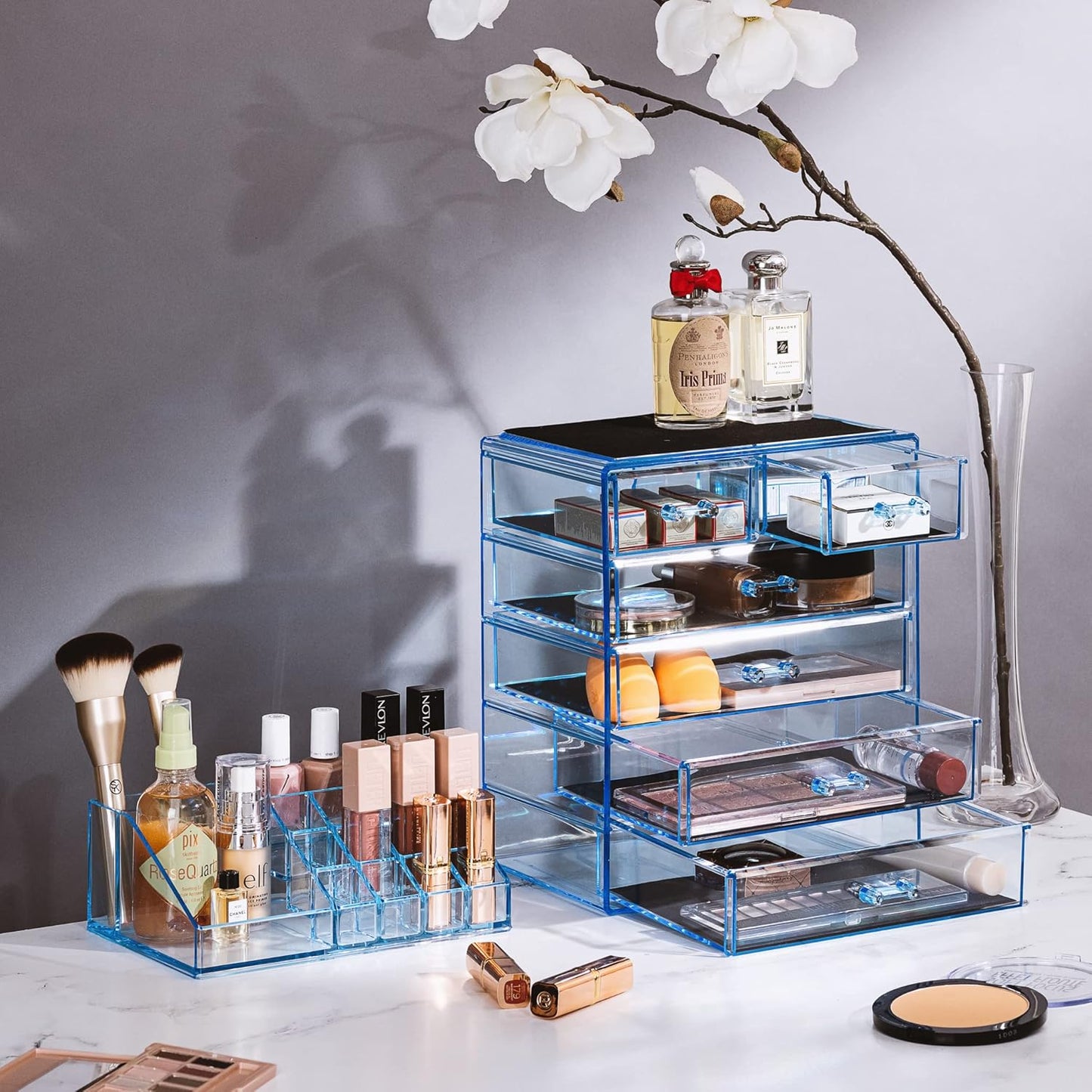 Sorbus Clear Cosmetic Makeup Organizer - Make Up & Jewelry Storage, Case & Display - Spacious Design - Great for Dresser, Bathroom, Vanity & Countertop (4 Large, 2 Small Drawers) [Blue Brilliance]