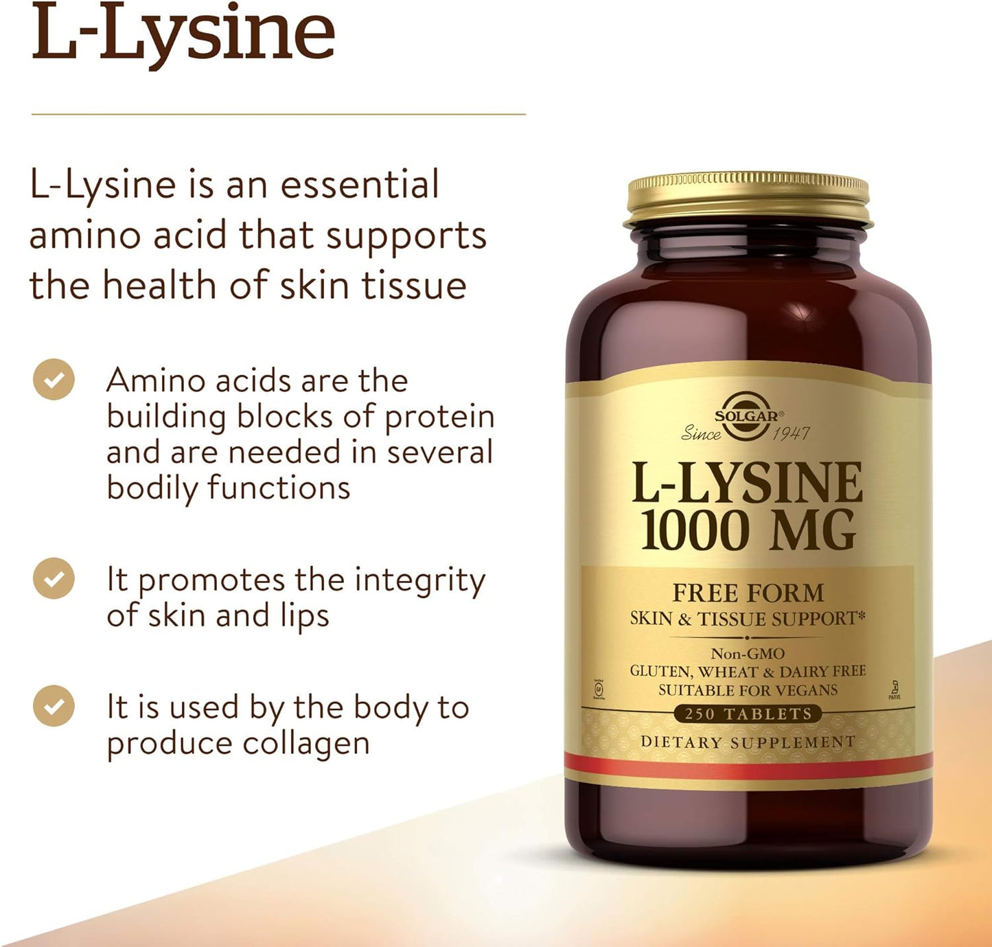 Solgar L-Lysine 1000 mg, 250 Tablets - Enhanced Absorption and Assimilation - Promotes Integrity of Skin and Lips - Collagen Support - Amino Acids - Non-GMO, Vegan, Gluten Free - 250 Servings