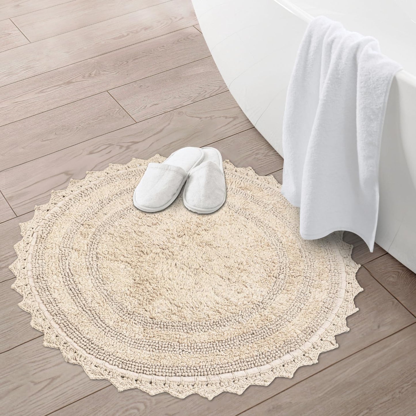 RAJRANG Circle Bathroom Mat for Kitchen and Spa with Crochet Pattern Cotton Absorbent Soft Reversible Woven Bath Rug Shortbread Round 24 Inches