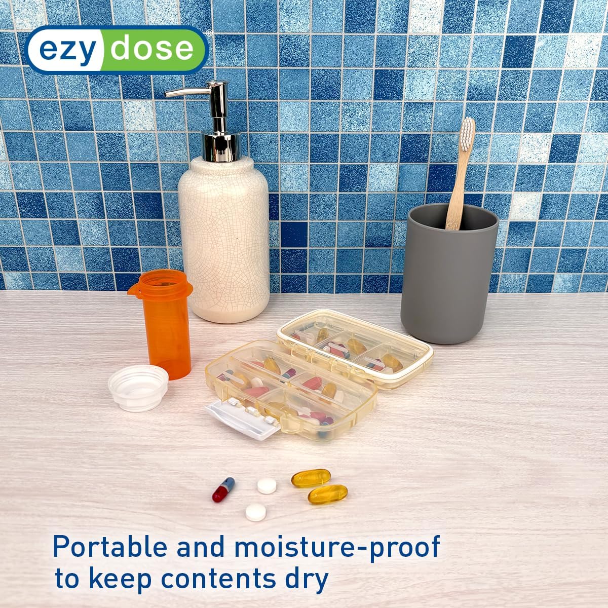 EZY DOSE Moisture-Proof Pill Case, Medicine Planner, Vitamin Organizer Box, Travel-Friendly, Latch-Closure to Secure Contents, 7 Individual Compartments Multiple Sizes with Tight Seal, Medium, Cream