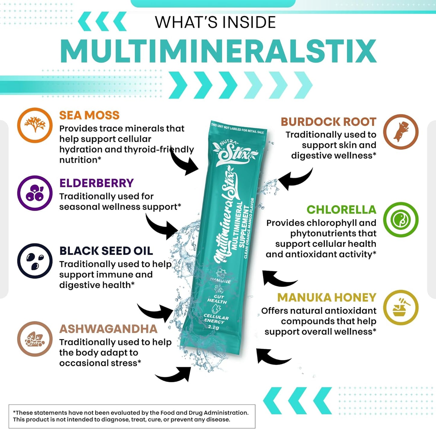 Sea Moss Powder Elderberry Ashwagandha Chlorella Manuka Honey VitaminD3 Vitamin C Zinc Spirulina Iodine Greens Detox Immune Support Sugar Free Hydration Powder Drink Mix – 20 Sticks