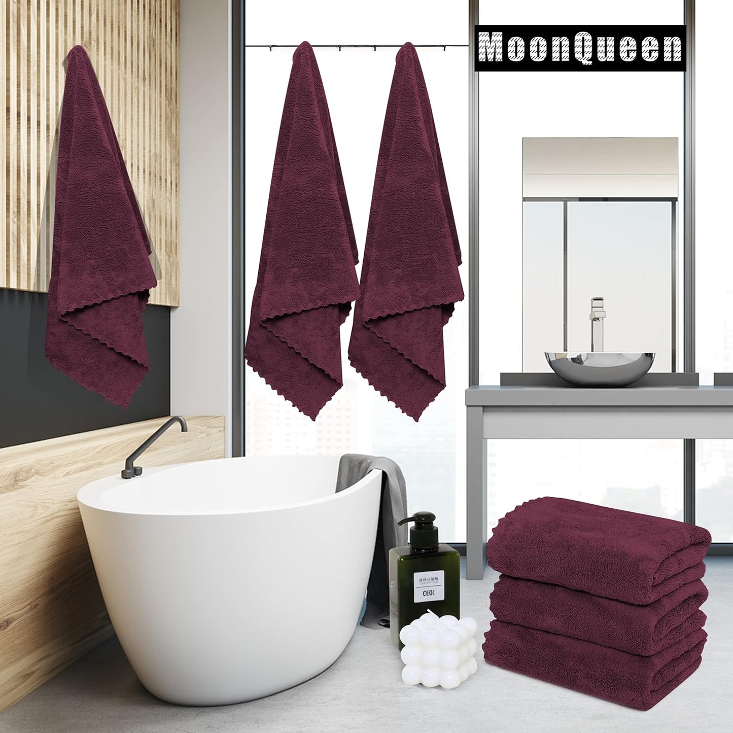 MOONQUEEN 6 Pack Premium Bath Towel Set - Quick Drying - Microfiber Coral Velvet Highly Absorbent Towels - Multipurpose Use as Bath Fitness, Bathroom, Shower, Sports, Yoga Towel (Burgundy)
