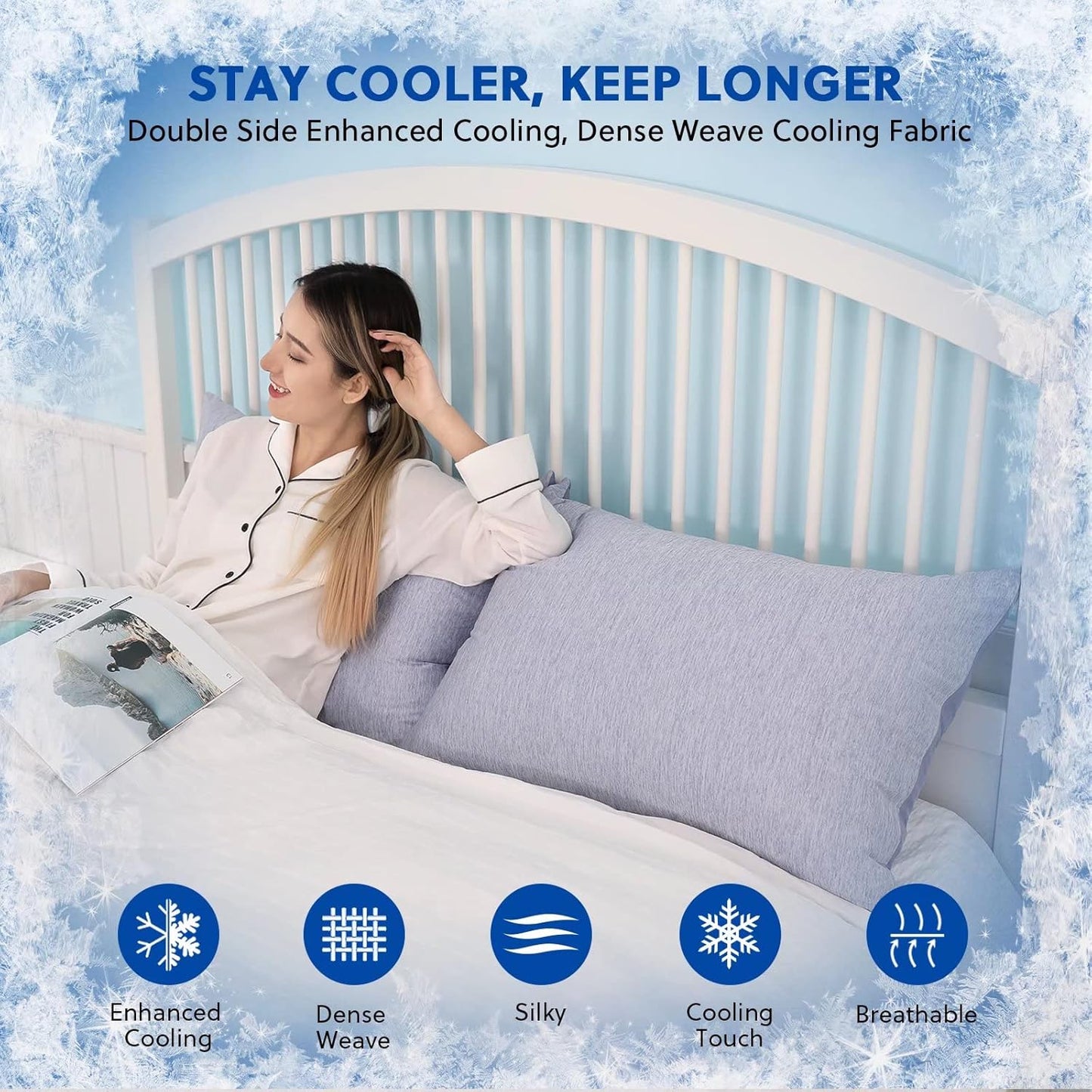 HOMFINE Cooling Pillowcases King Size - Double Side Q-Max 0.439 Cooling Fiber for Pillow Protector, Breathable Cold Pillow Cover for Hot Sleeper Night Sweat, Hidden Zipper, 2 Pack (20"x36", Blue)