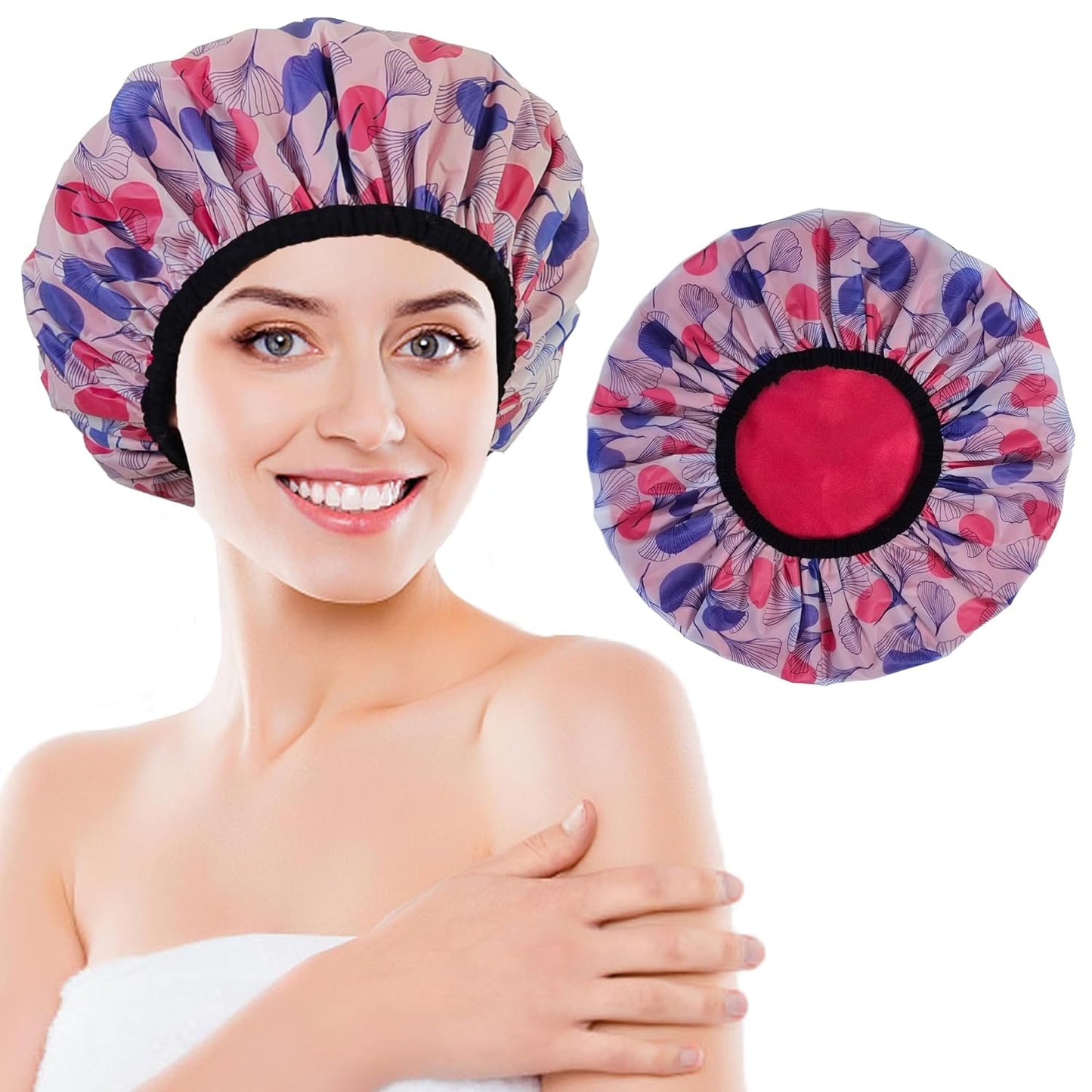Shower Cap for Women, Shower Caps Reusable Waterproof, Large Plastic Satin Lined Shower Cap for Braids Long Hair