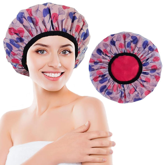 Shower Cap for Women, Shower Caps Reusable Waterproof, Large Plastic Satin Lined Shower Cap for Braids Long Hair