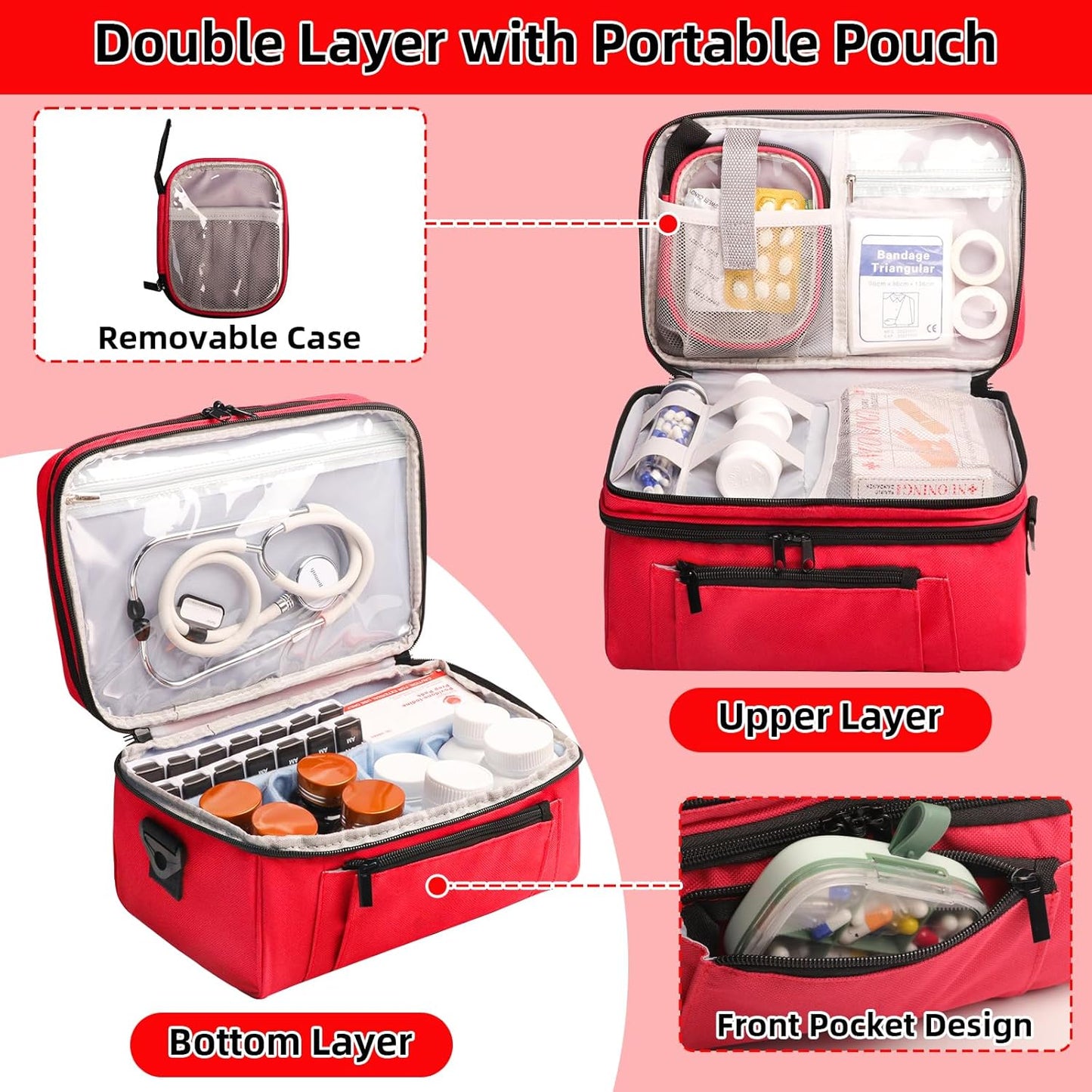 Medicine Bag for Traveling with Portable Small Pouch, Double Layer Pill Bottle Organizer Storage Case with Lockable Zippers, Carrying Medication Travel Case with Shoulder Strap (Bag ONLY), Red