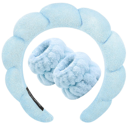 Zkptops Spa Headband for Washing Face Wristband Set Sponge Makeup Skincare Headband Terry Cloth Bubble Soft Get Ready Hairband for Women Girl Puffy Padded Headwear Non Slip Thick Hair Accessory(Blue)