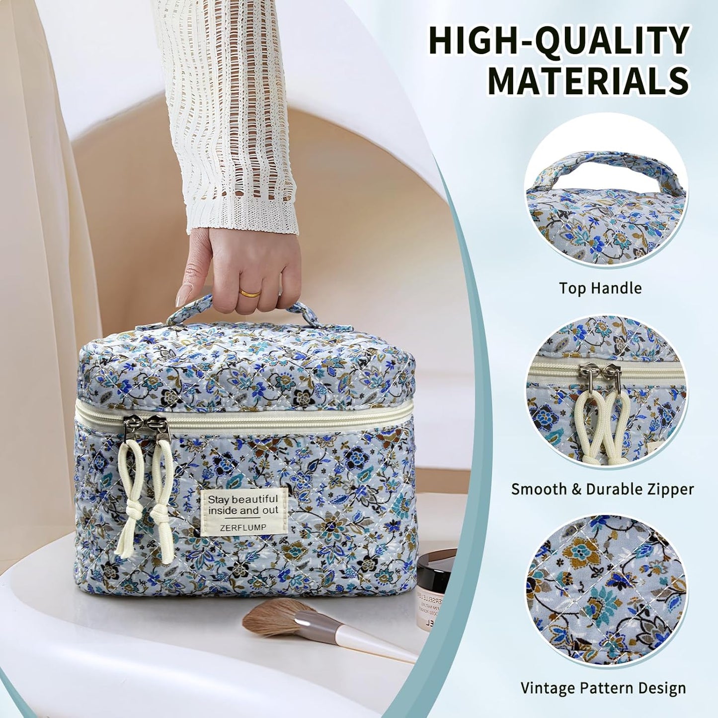 Cute Quilted Floral Makeup Bag(3Pcs)，Coquette Aesthetic Cosmetic Bag，Travel Toiletry Bags， Kawaii Aesthetic pouch for Women (62-BlueVine)