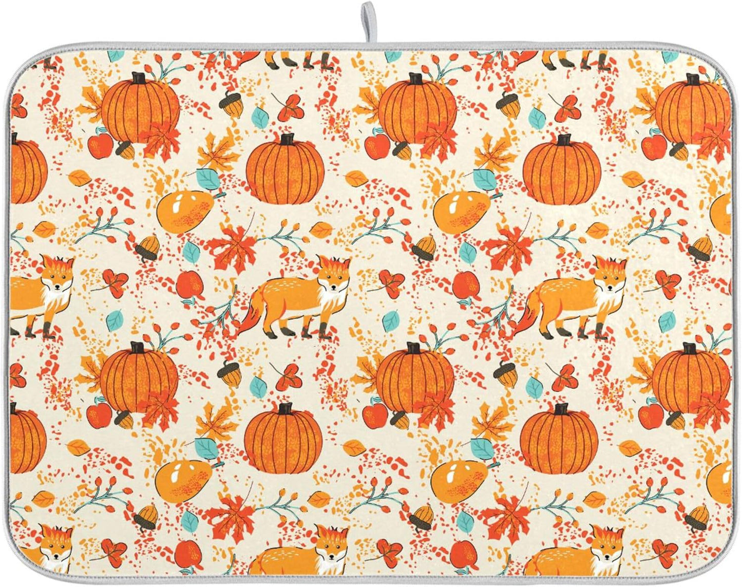 Fall Fox Dish Drying Mat for Kitchen Countertop 16x18 Autumn Chestnuts Pumpkin Berry Thanksgiving Day Small Drying Mat Reusable Quick Dry Dish Sink Mats Easy Clean Decorative Essentials
