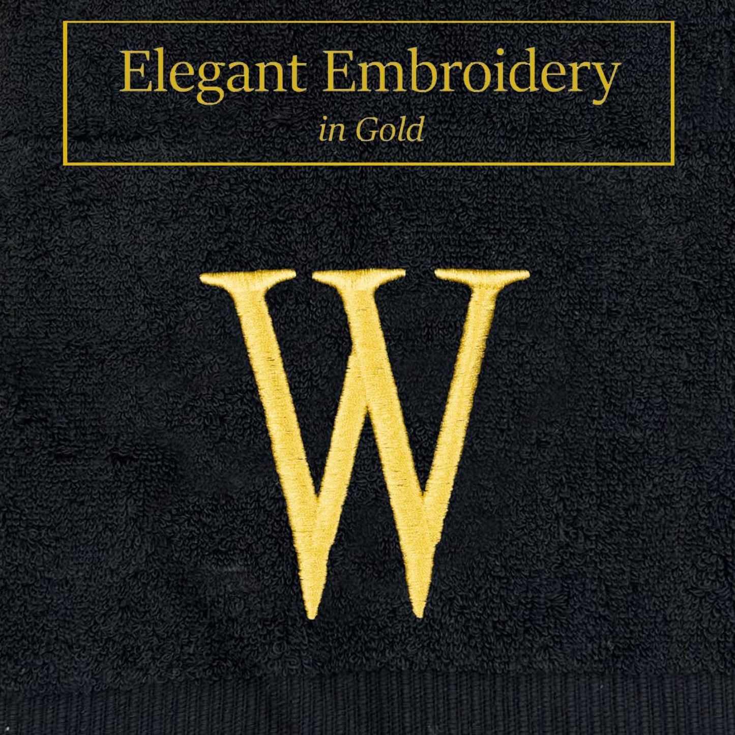 Black Luxury Hand Towel for Bathroom - Monogrammed Initial Hotel Quality Decorative Embroidered Towel for Powder Room, Spa - GOTS Organic Certified - Pack of 2, Letter W