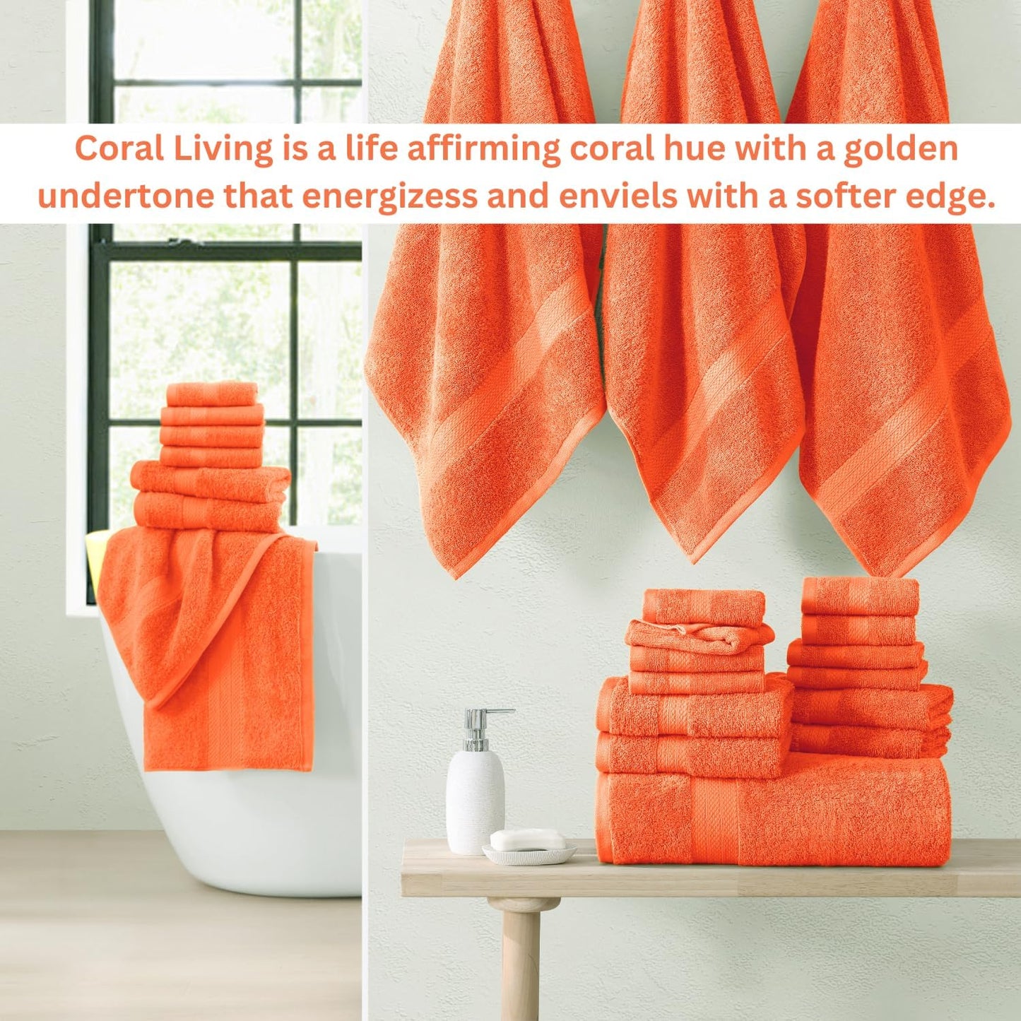 Lane Linen 100% Cotton Bathroom Towel Set - 24 Pc - Ring Spun, Quick Dry, Soft & Absorbent - 2 Bath Sheets, 4 Fingertip, 4 Bath, 6 Hand Towels, 8 Washcloths - Machine Wash in Cold Water - Living Coral