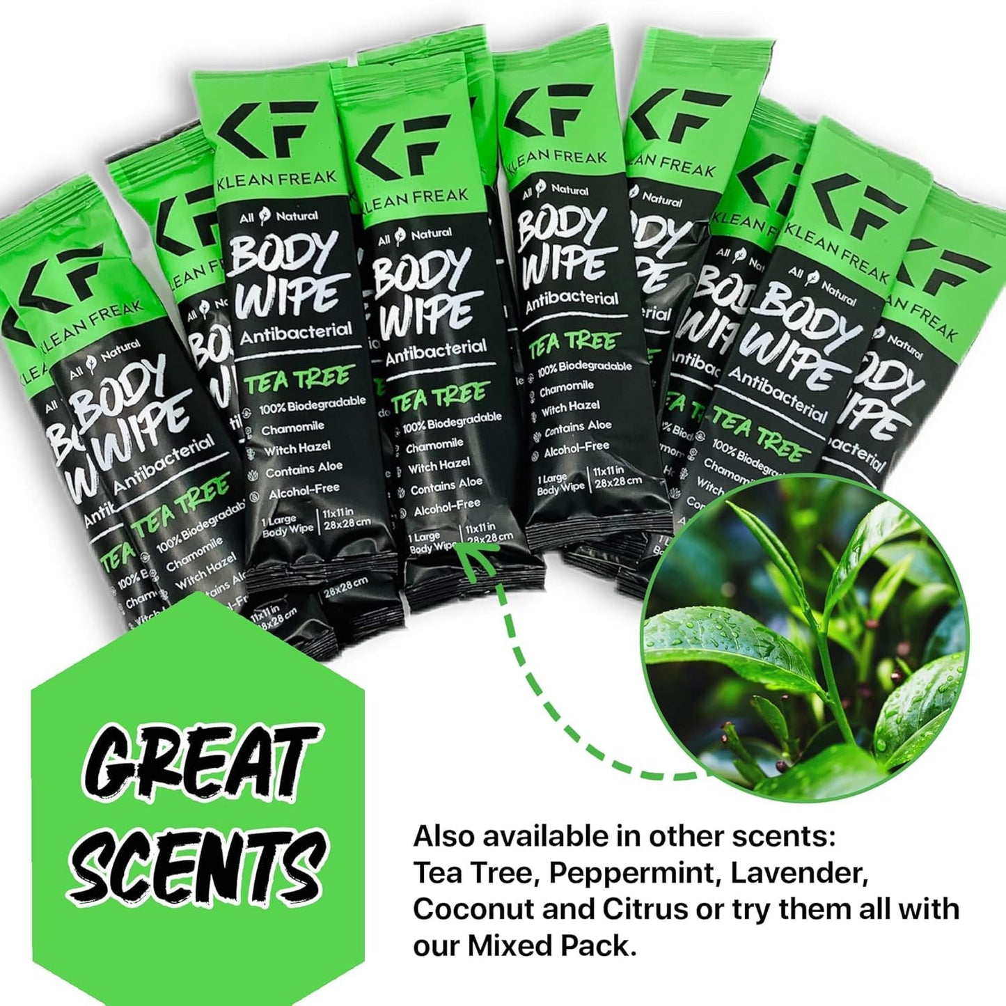 The Klean Freak Body Wipes - 12 count Individually Wrapped | Showerless Body Wipe for Women & Men | Sustainable Bodywipes for Gym, Travel, Camping | Tea-Tree