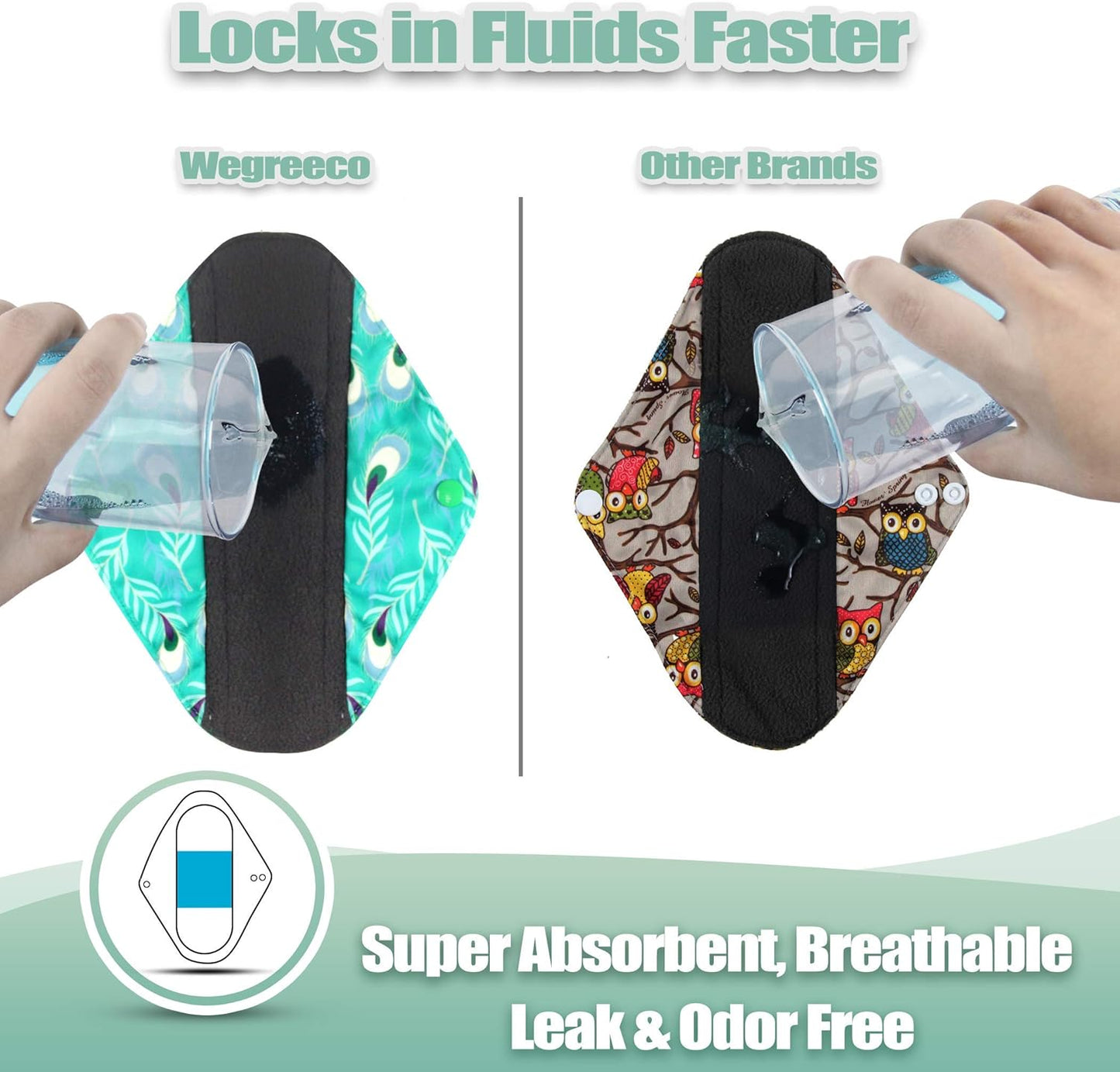 wegreeco Reusable Menstrual Pads - Reusable Sanitary Pads | Reusable Panty Liners | Soft Cloth Menstrual Pads - 6 Pack with 1 Cloth Mini Wet Bag (Large, Peacock
