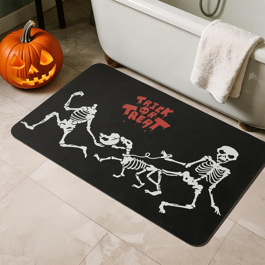 Halloween Bath Mat, Thin Halloween Bathroom Rug Non Slip Quick Dry Skeleton Bath Mat Fits Under Door Thin Floor Mat Halloween Decor, 17''x30'', Skull Treat or Trick Black