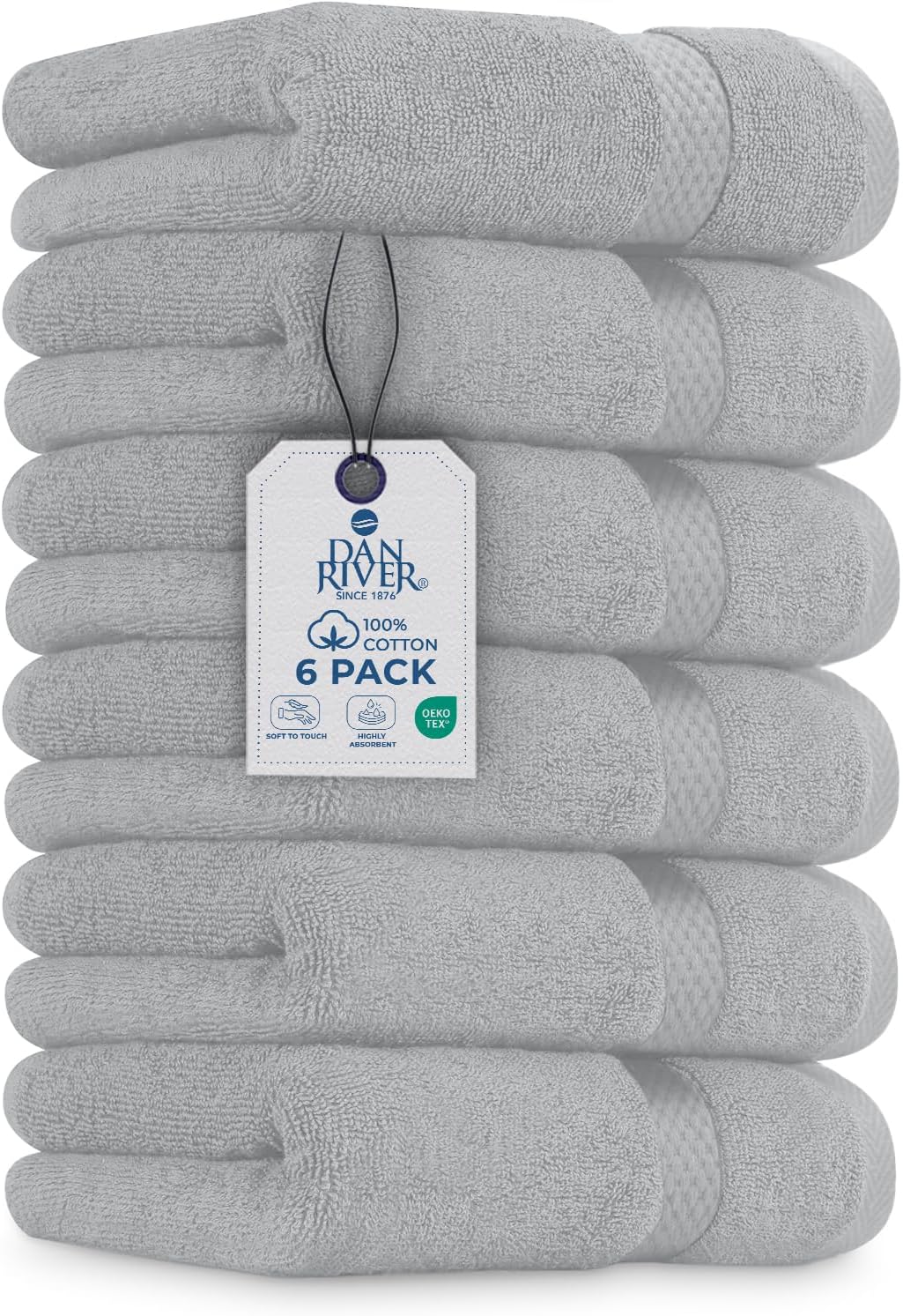 DAN RIVER 6-Pack Premium Hand Towels (16x28 Inches) - 100% Cotton, Ultra Soft, Lightweight, Highly Absorbent Towels for Bathroom, Spa, Gym, Salon, Hotel, and Travel - 550 GSM - Silver