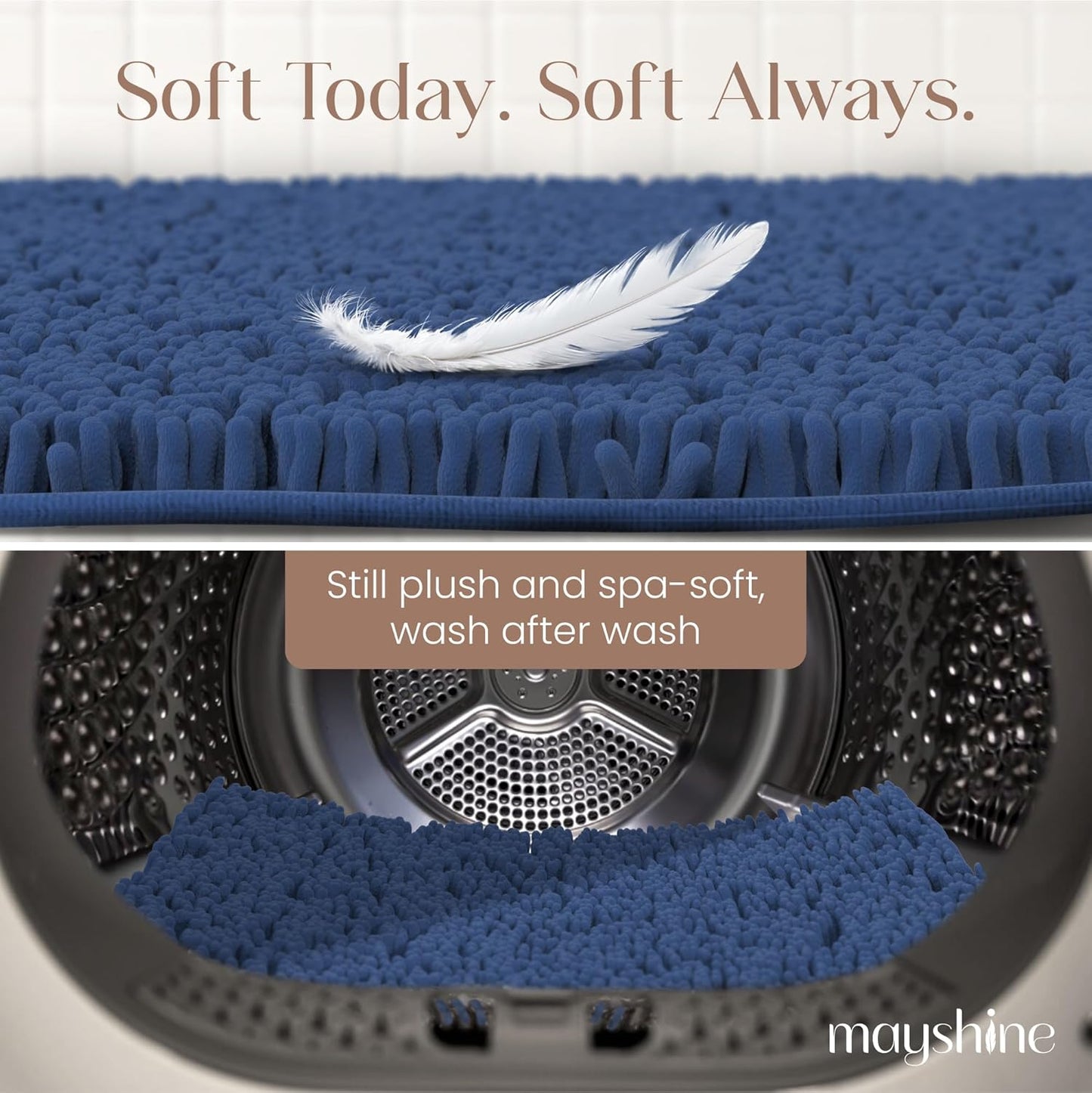 MAYSHINE Plush Shaggy Chenille Bath Mat | Extra Soft, Super Absorbent, Non-Slip Bathroom Rug | Fluffy Microfiber, Area Rug Sets for Bathroom Floor, Kitchen, Living Room | 47"x27" | Dark Blue