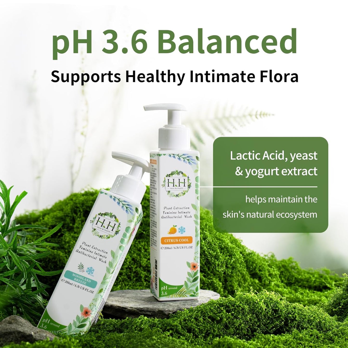 HH Herb & Health Feminine Wash for Women, pH3.6 Lactobacillus Cleanser with Botanical Extracts, Hydrating & Cooling Intimate Care for Odor Dryness and Itch, Sensitive Skin Safe, Fresh Floral Scent